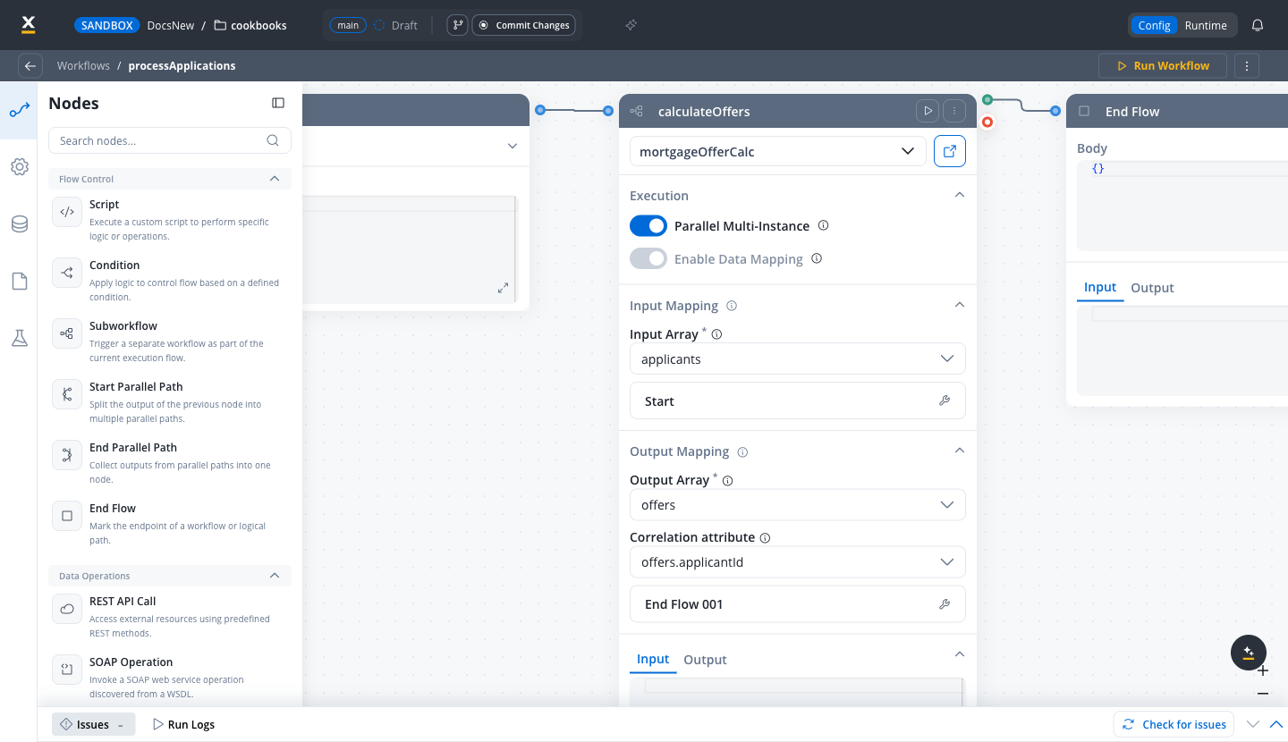 Subworkflow node with the Input Array, Output Array, and Correlation attribute selectors filled with array attributes from the workflow data model