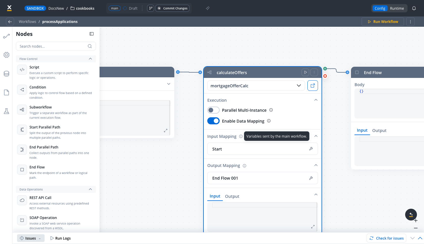Input mapping and Output mapping sections on the Subworkflow node, with the input mapping helper tooltip open