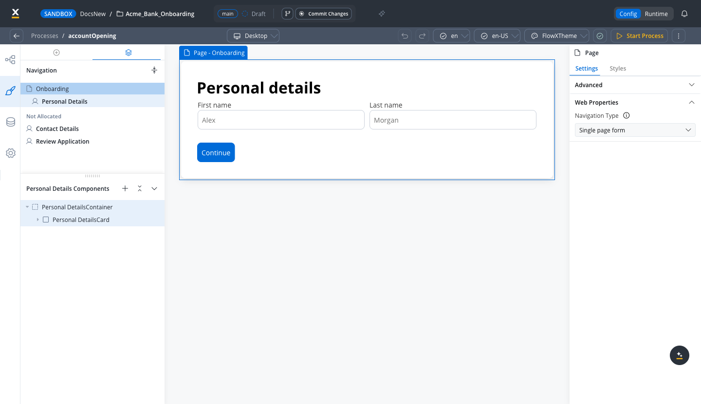 Process UI Designer left panel on the Navigation tab, with a navigation root expanded to its user task and a Not Allocated group listing unassigned user tasks, above the selected user task's components section