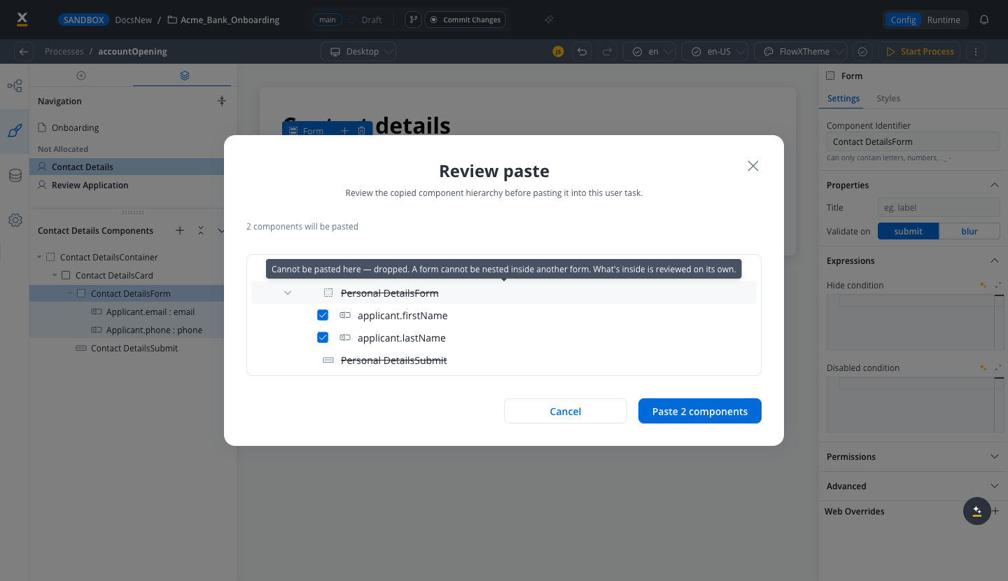 Review paste modal with a struck-through component and its tooltip explaining why it cannot be pasted, the 2 components will be pasted summary, and the Paste 2 components button