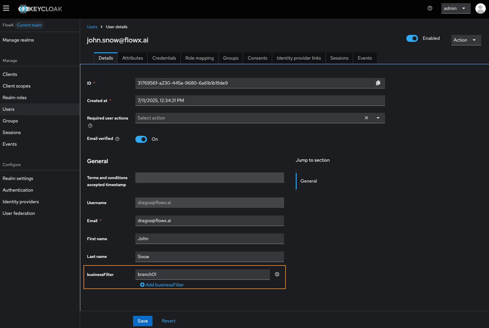 Business filter attribute displayed at user level