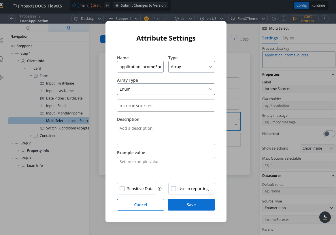 Multi Select income sources configuration