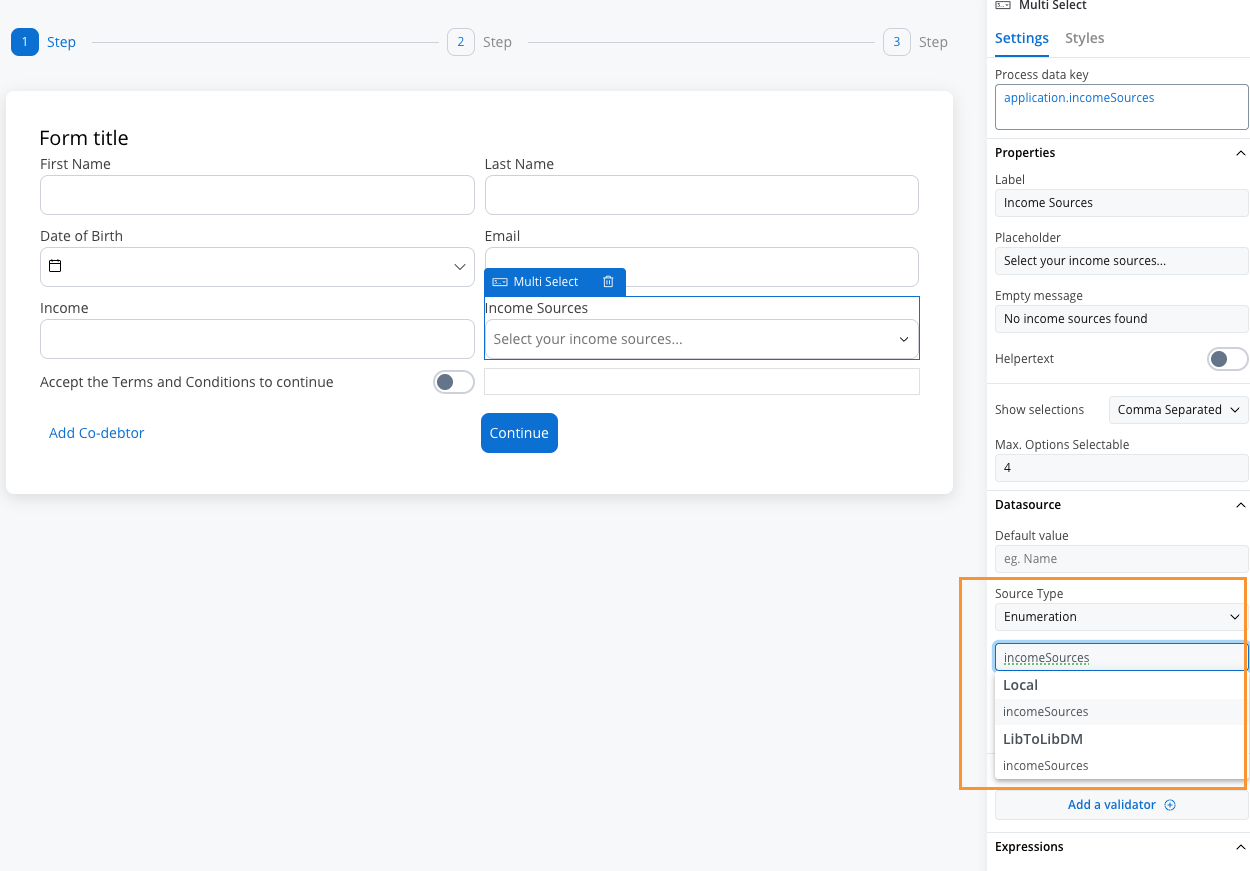 Multi Select income sources configuration