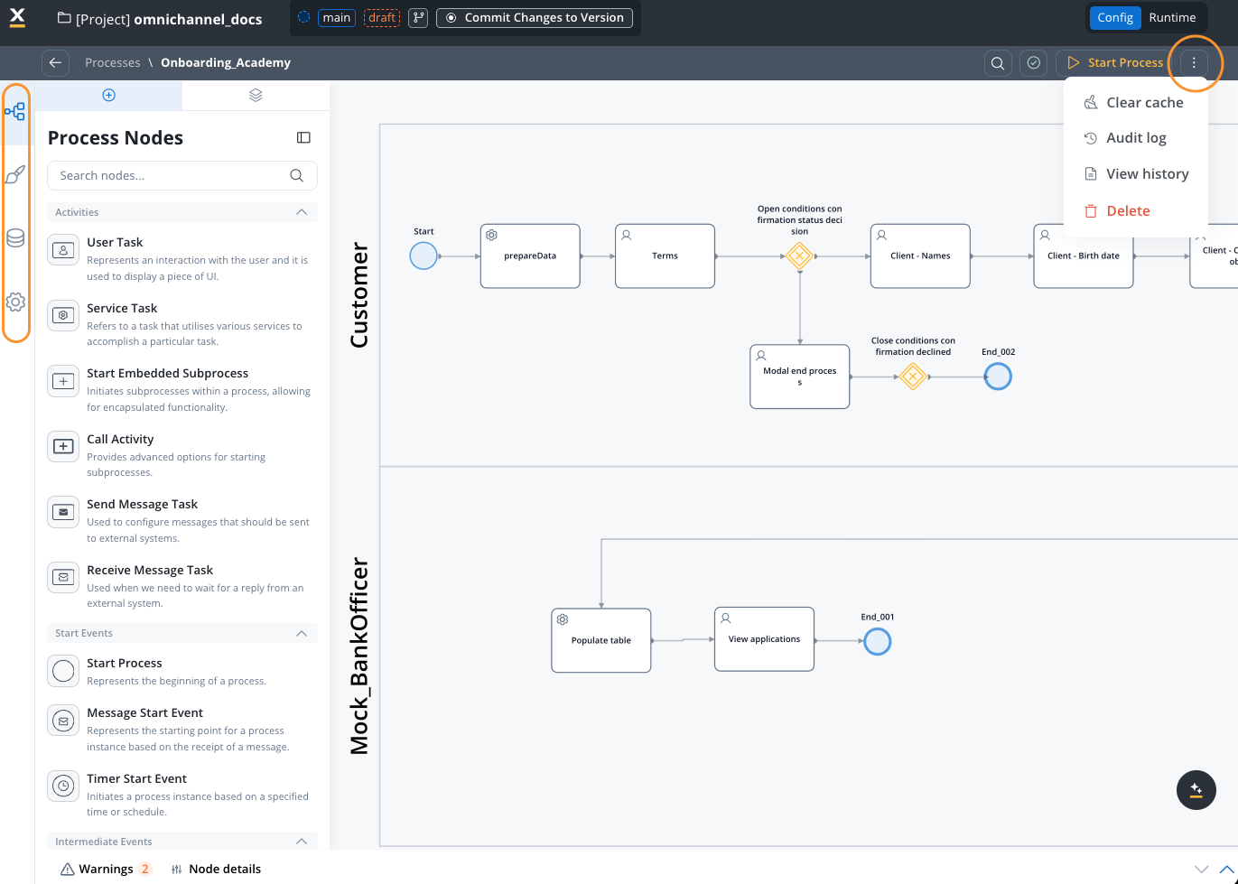 Process definition menu