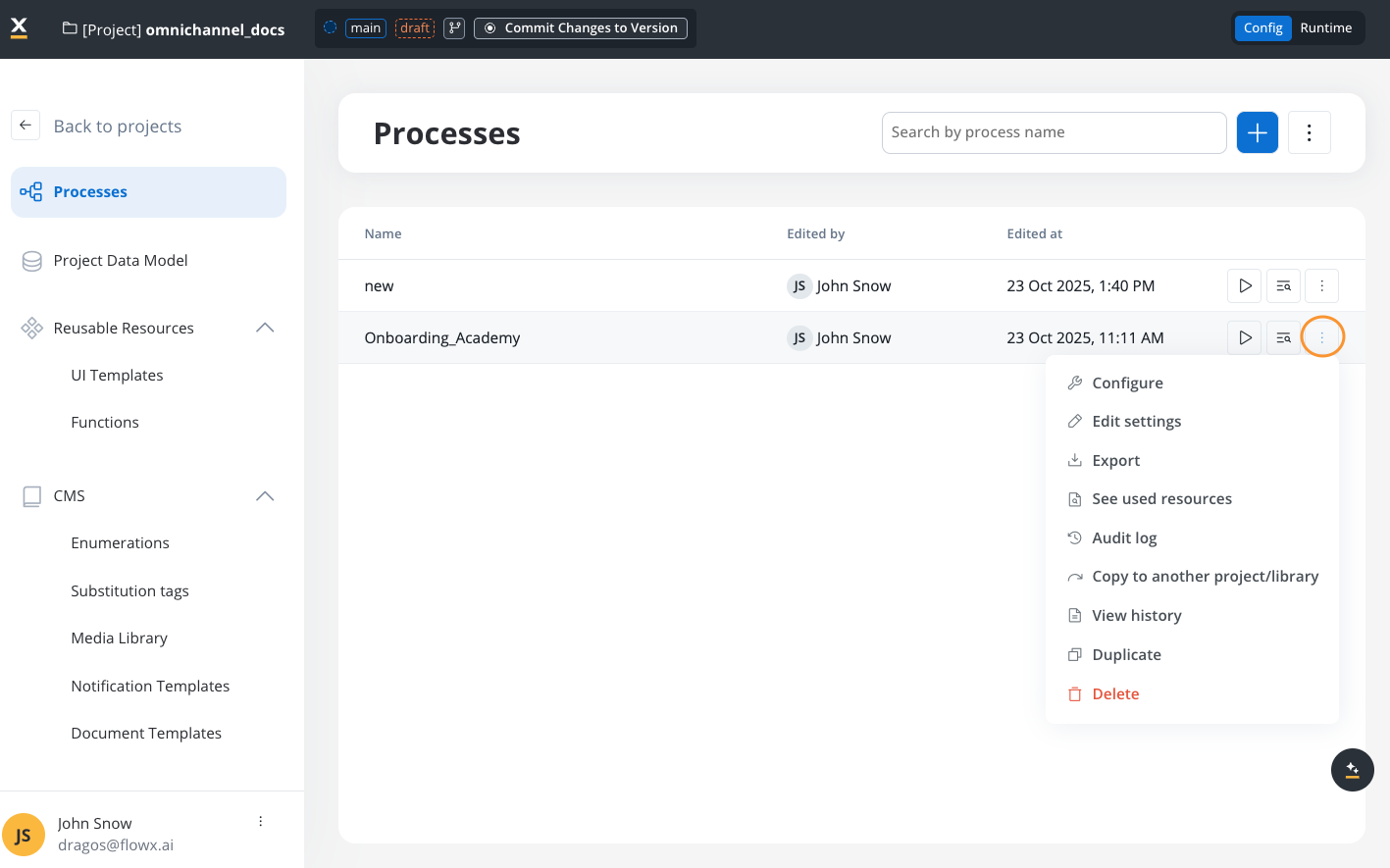Process management menu