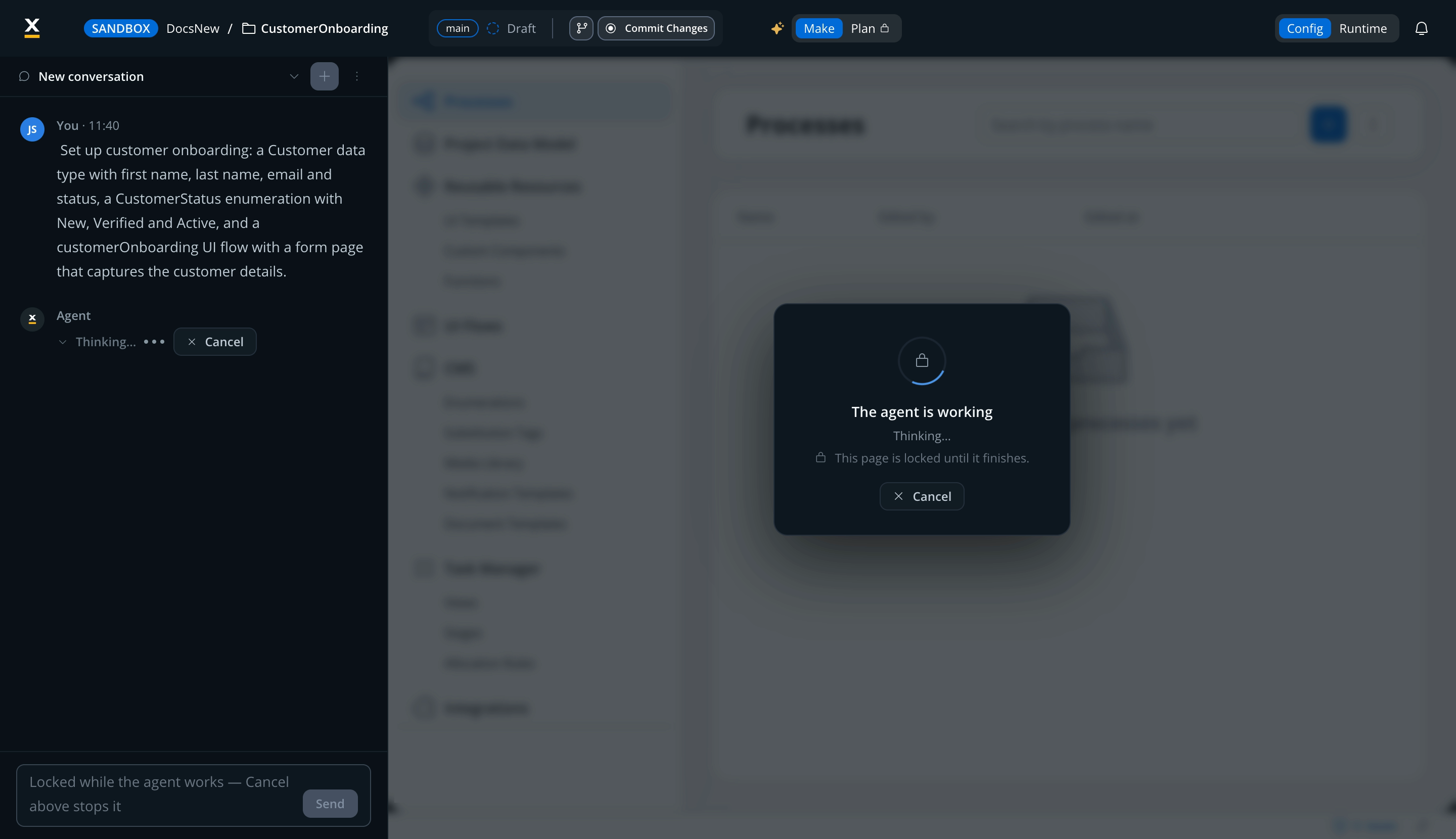 Page-lock modal reading "The agent is working" with a progress indicator and a Cancel button