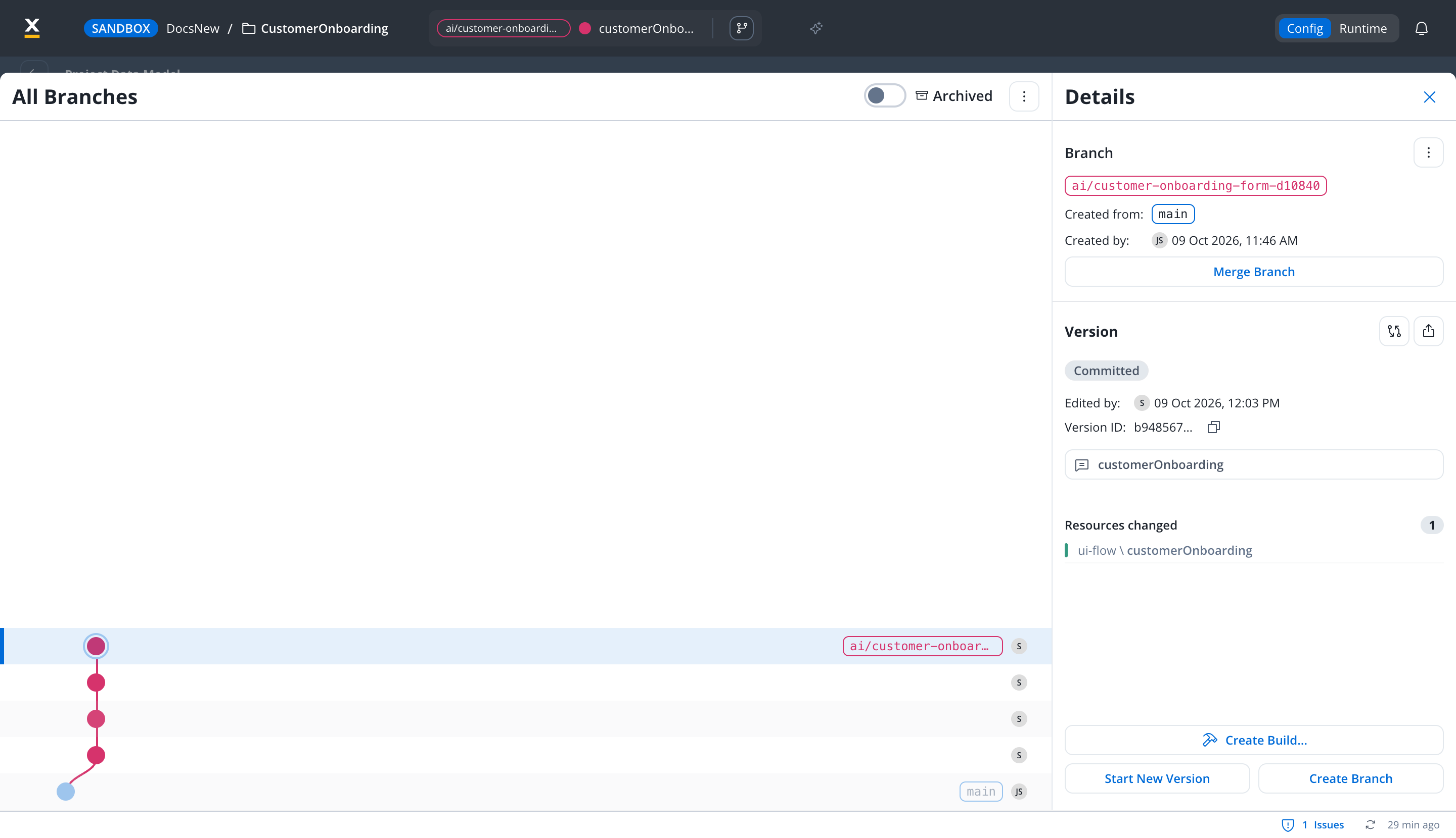 All Branches graph with the agent's branch selected, showing its committed version, the customerOnboarding UI flow among the changed resources, and the Merge Branch button