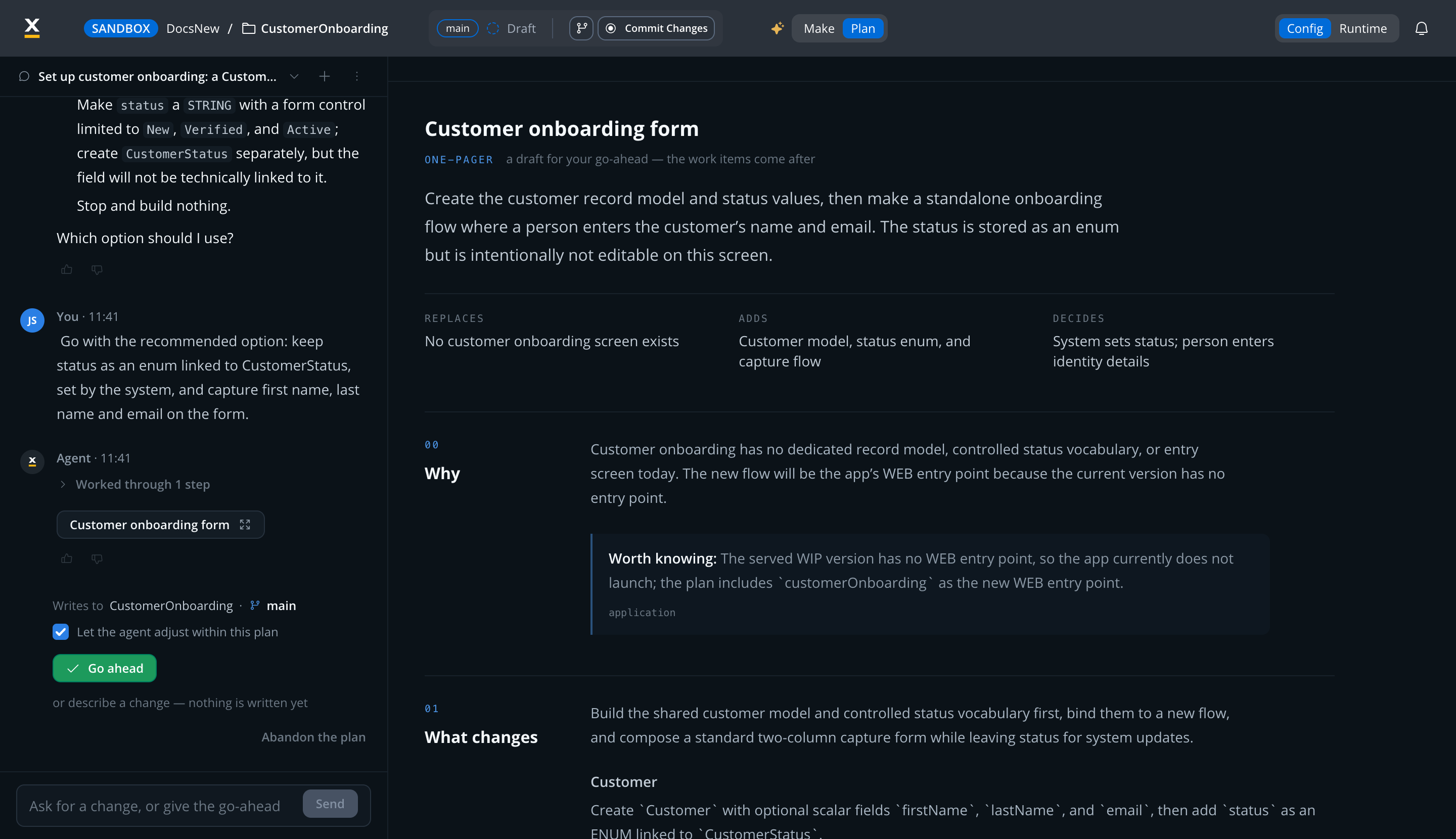One-pager draft for the customer onboarding change in the plan panel, with the Let the agent adjust within this plan checkbox and the Go ahead button in the agent rail