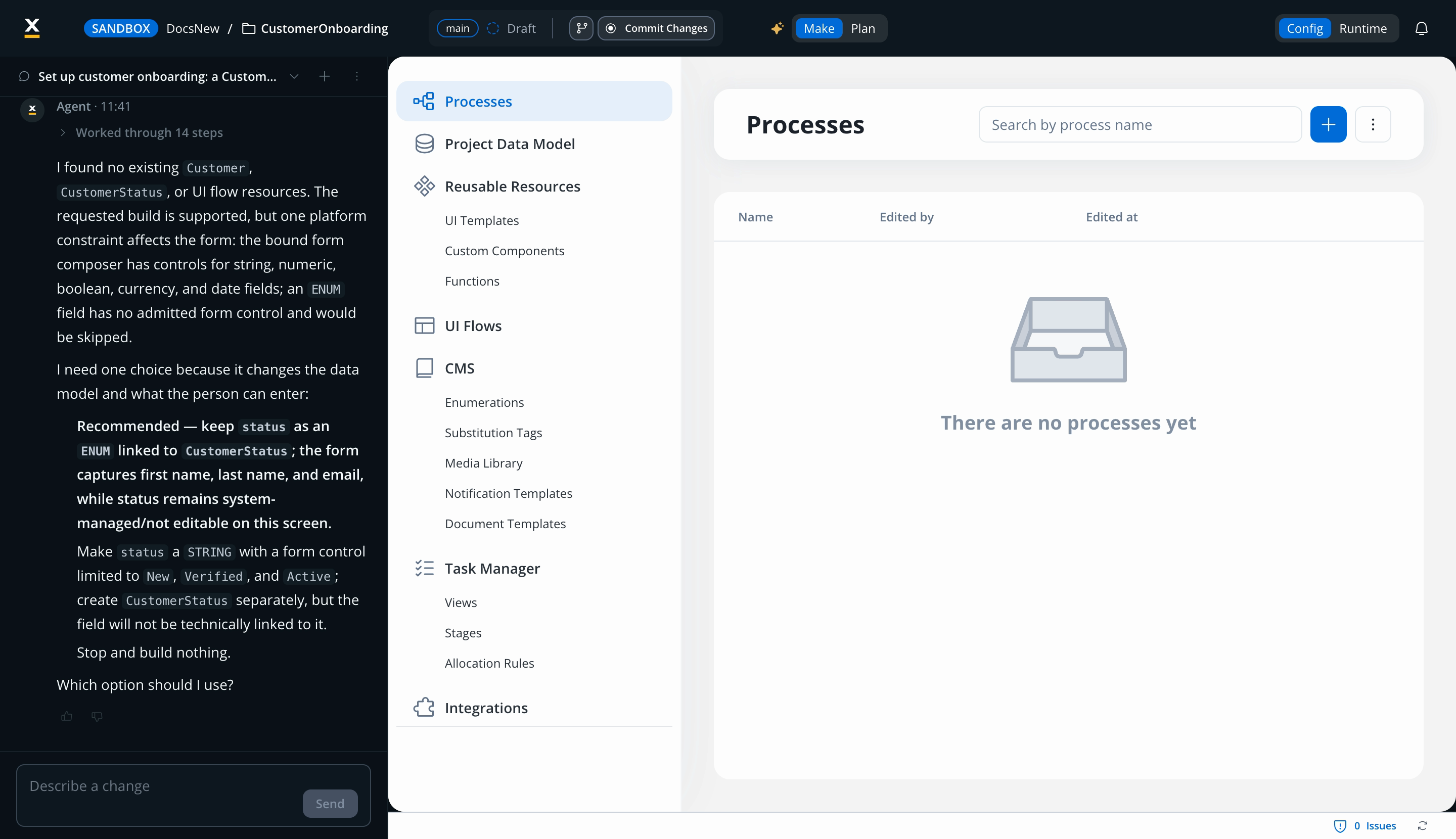 The FlowX Designer with the AI agent rail open on the left, where the agent asks a clarifying question about a customer onboarding request with selectable options, while the Make view is active