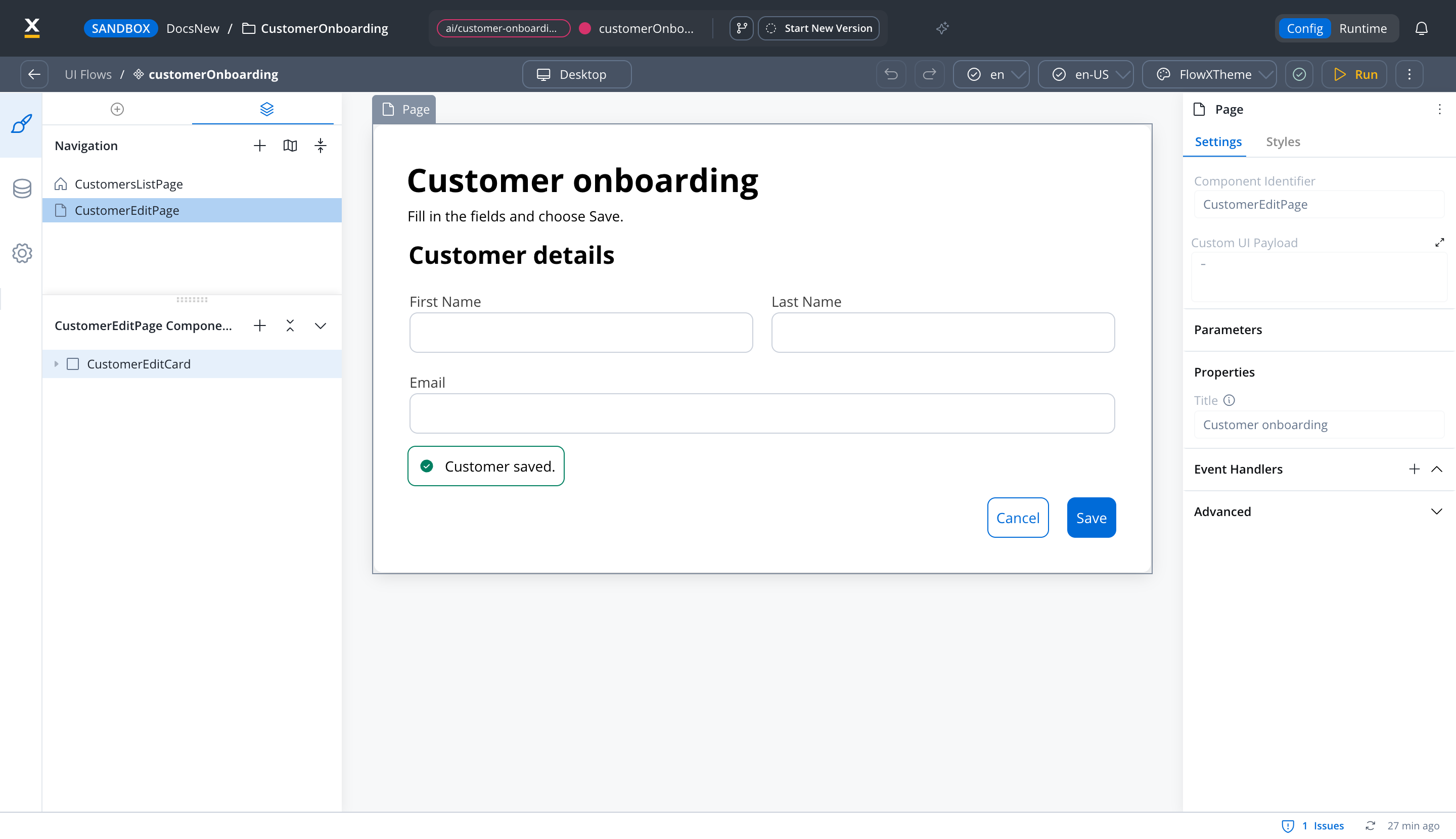 UI Flow editor on the agent's branch showing the Customer onboarding form the agent built, with First Name, Last Name, and Email fields and Cancel and Save buttons