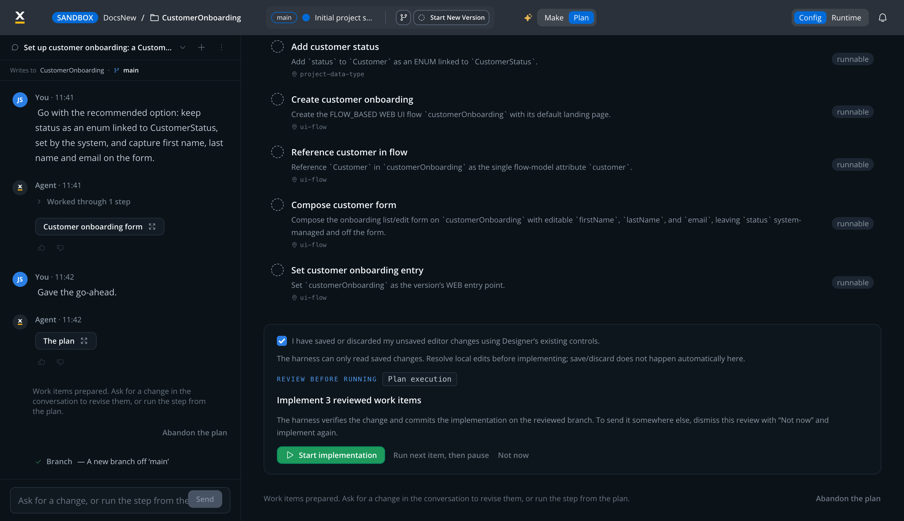Review before running card listing three reviewed work items, with the saved-changes checkbox and the Start implementation, Run next item then pause, and Not now buttons