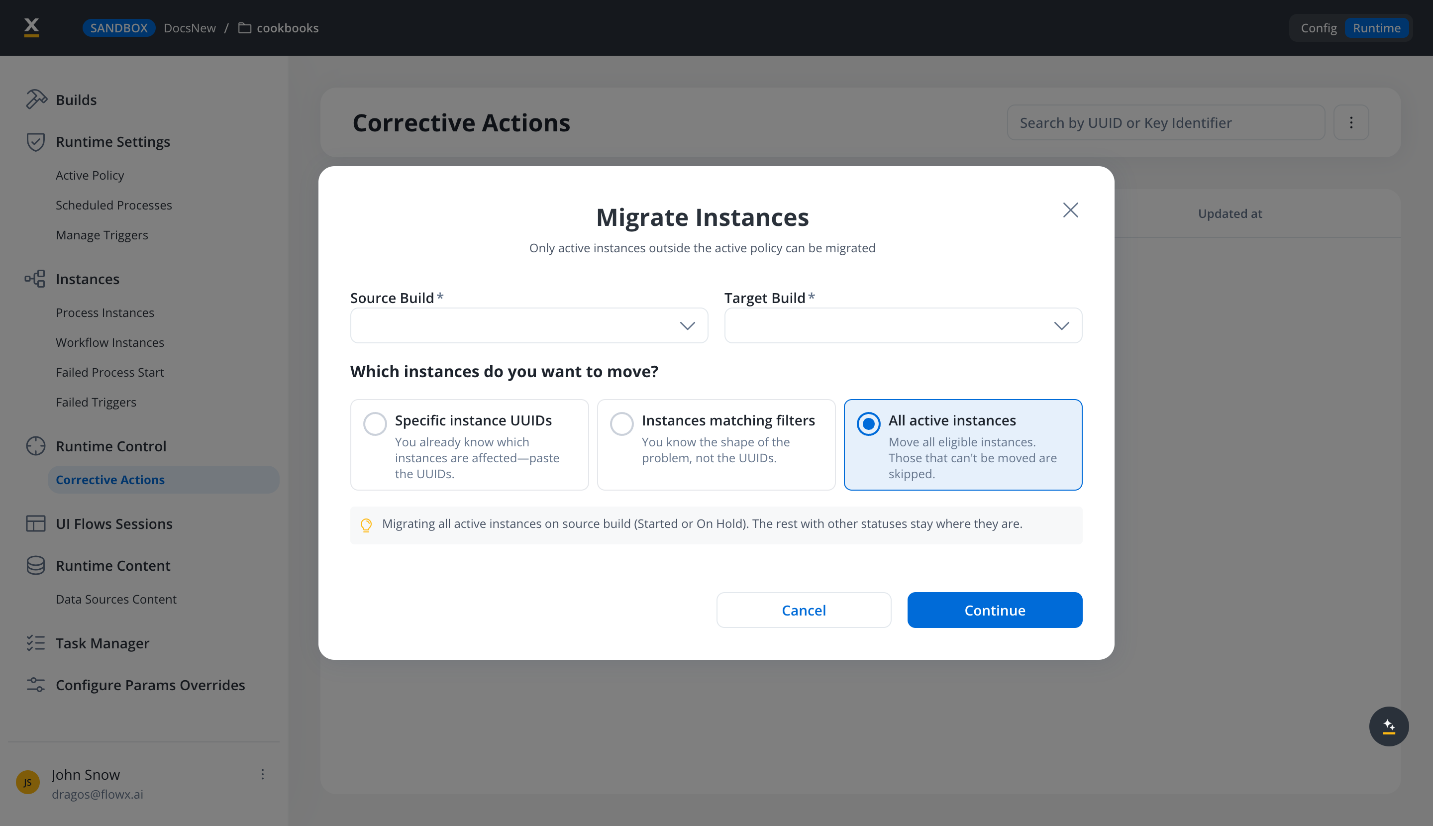 The Migrate Instances modal with Source Build and Target Build selectors and the three selection modes, with All active instances selected
