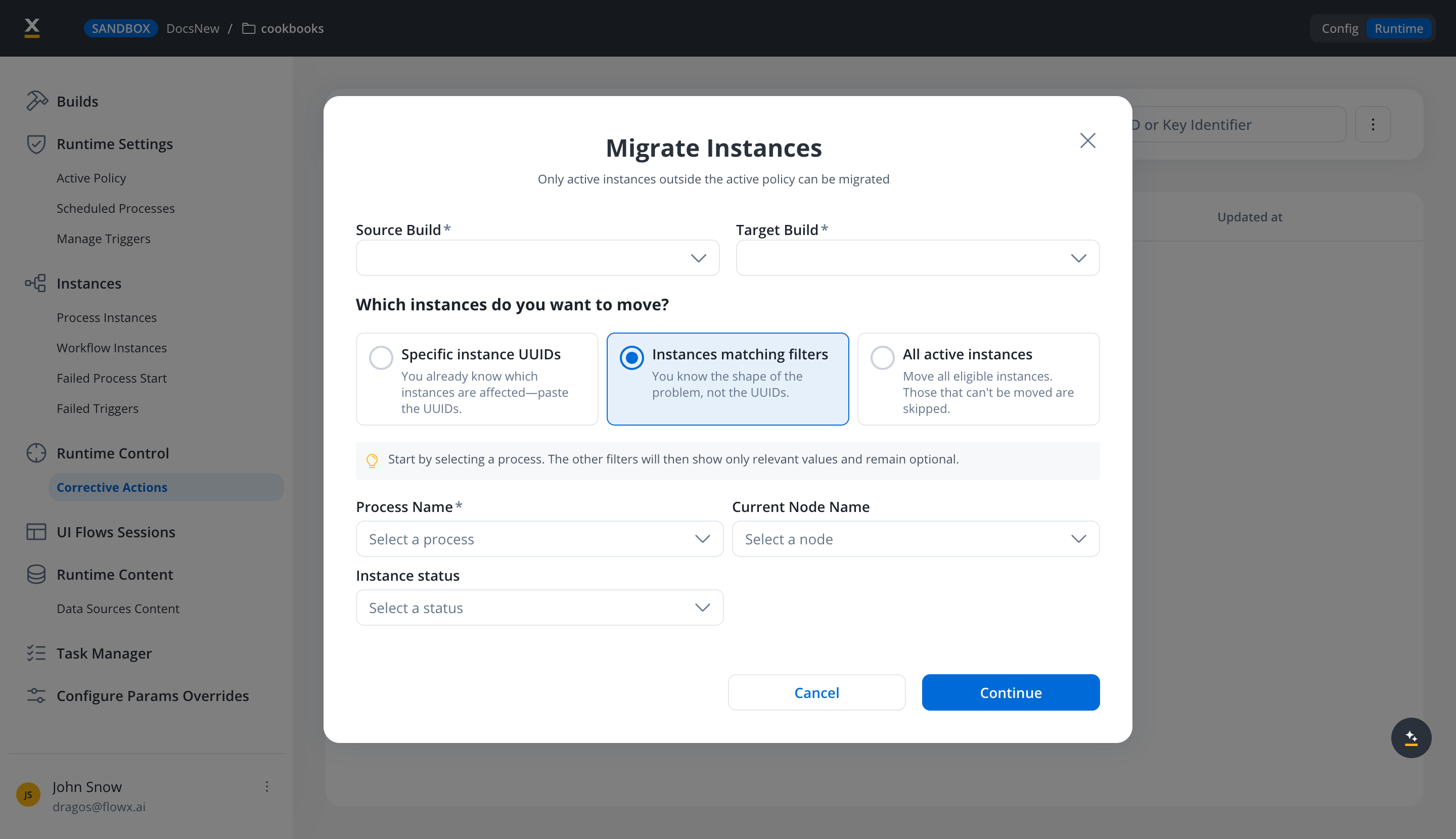 The Migrate Instances modal with Instances matching filters selected, showing the Process Name, Current Node Name, and Instance status fields