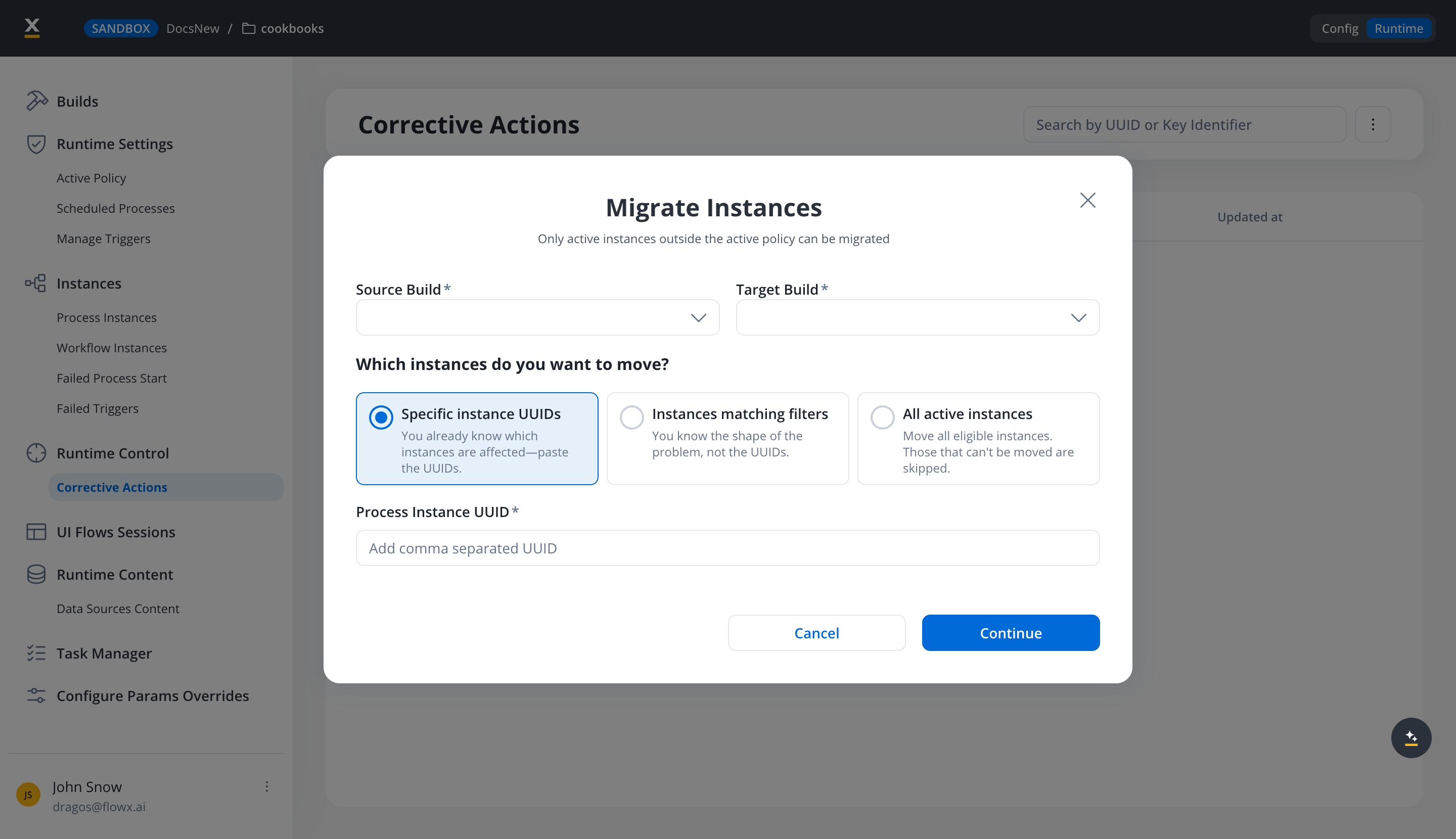 The Migrate Instances modal with Specific instance UUIDs selected and its Process Instance UUID field