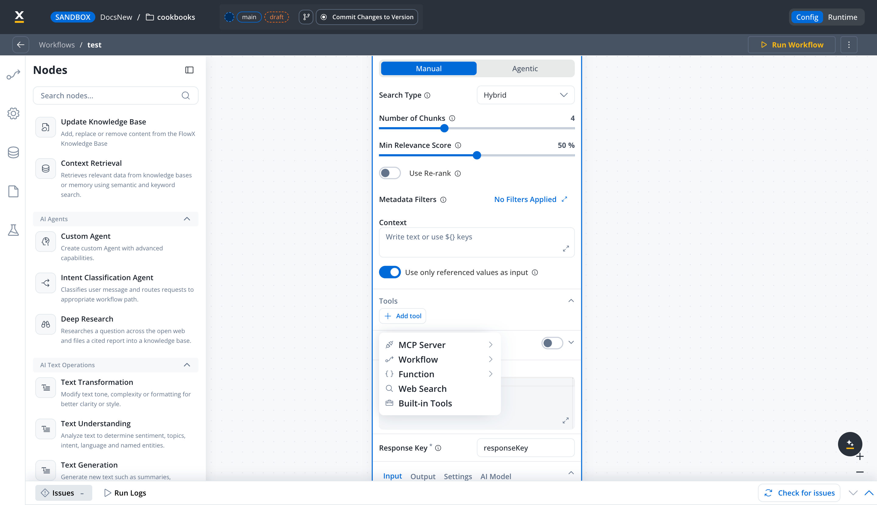 The Add tool menu on the Custom Agent node, offering MCP Server, Workflow, Function, Web Search, and Built-in Tools