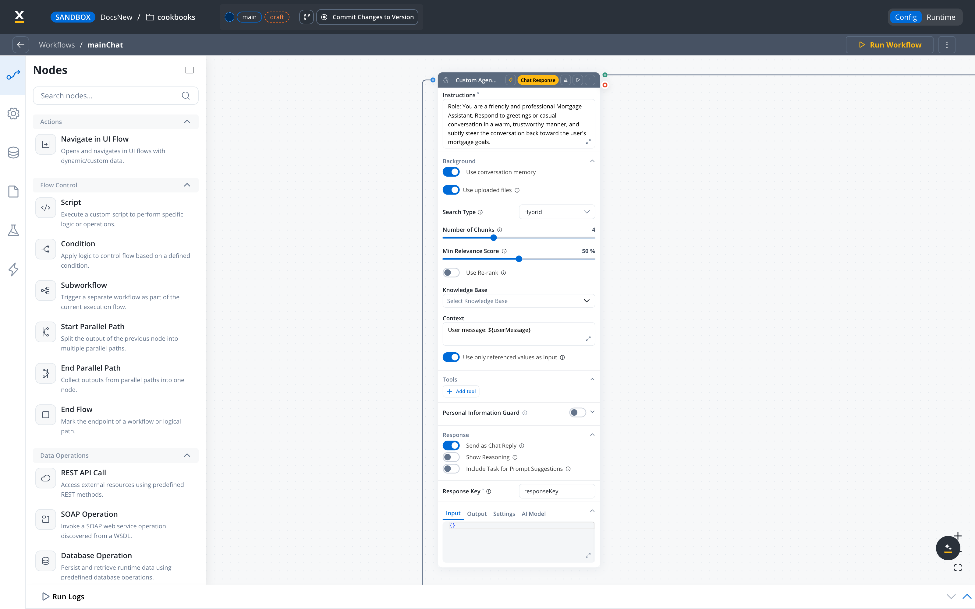 Custom Agent node showing Instructions, Use conversation memory, and Send as Chat Reply
