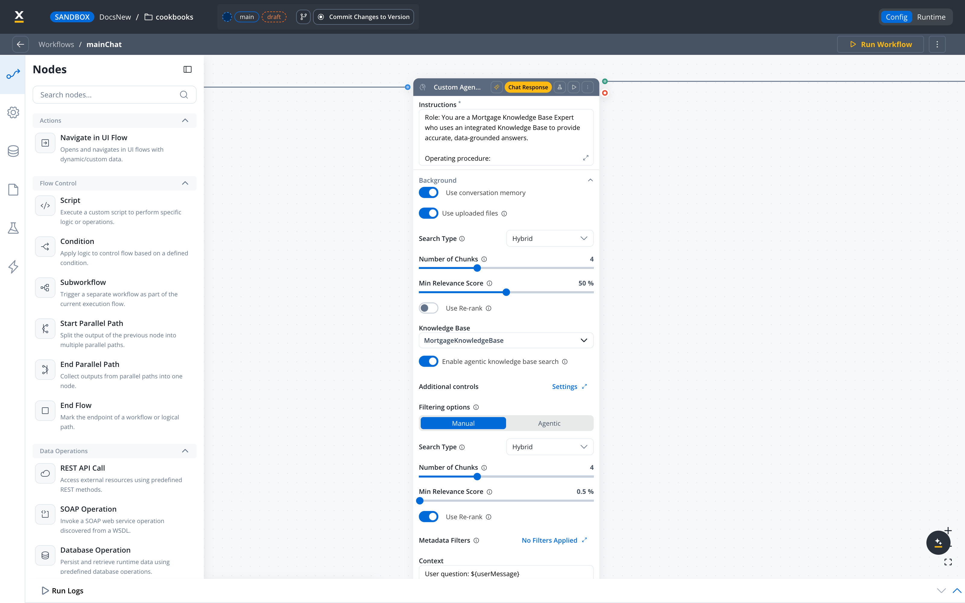 Knowledge Base Q&A agent with agentic knowledge base search enabled and Manual/Agentic filtering