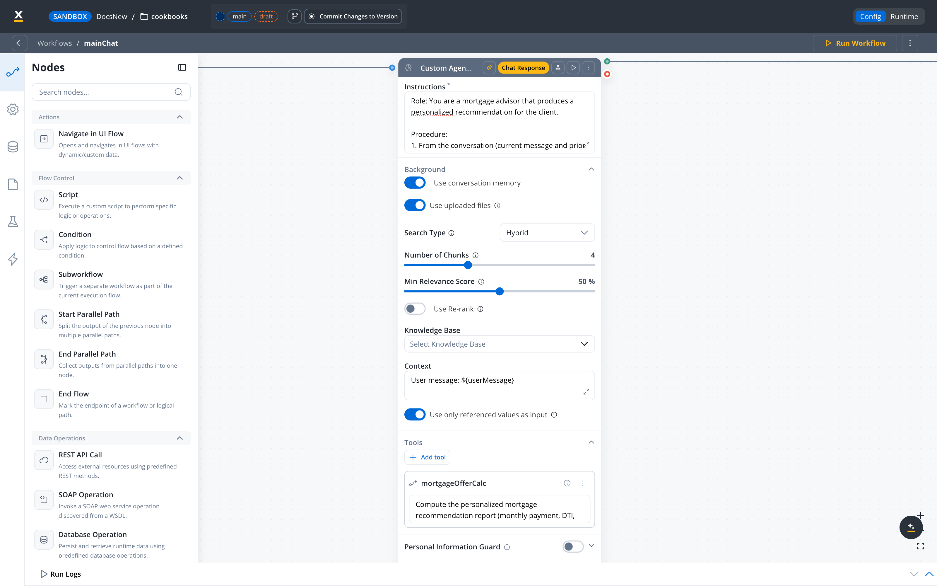 Offer Custom Agent with the mortgageOfferCalc workflow attached as a callable tool