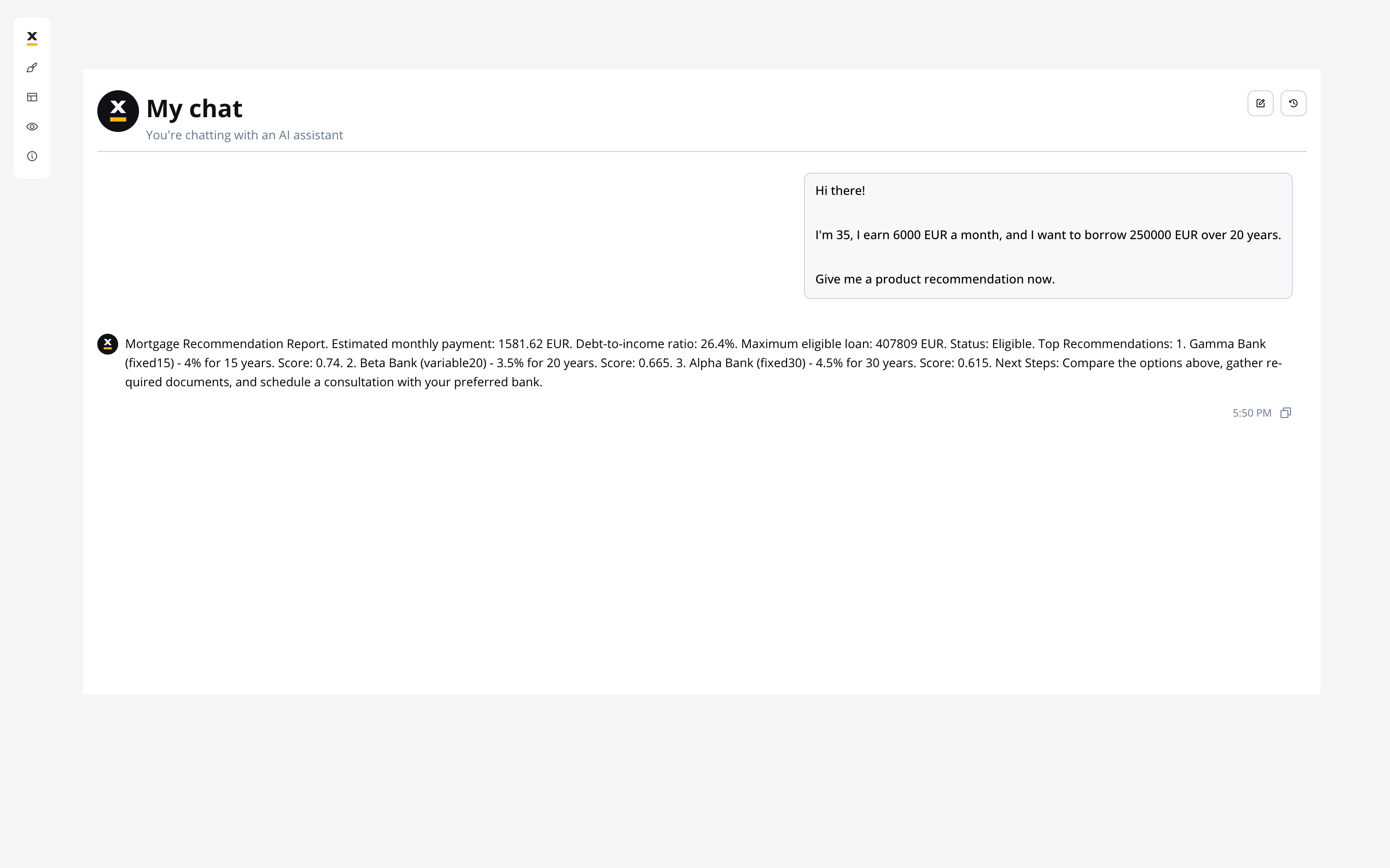 Mortgage advisor chat returning a recommendation report with payment, DTI, max loan, and ranked products