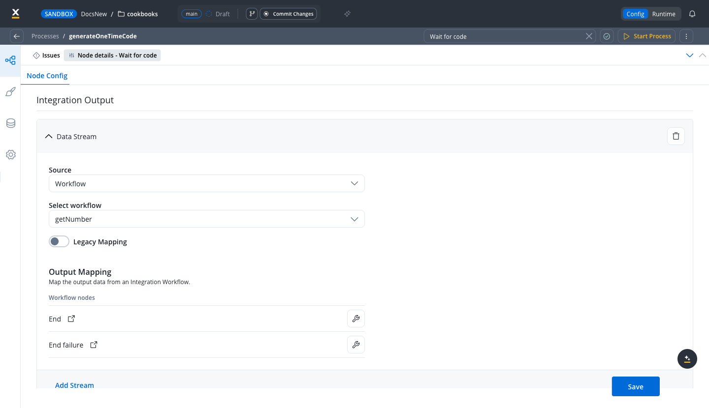 Node Config panel with Integration Output, Source set to Workflow, a selected workflow, and the output mapping for the End and End failure nodes
