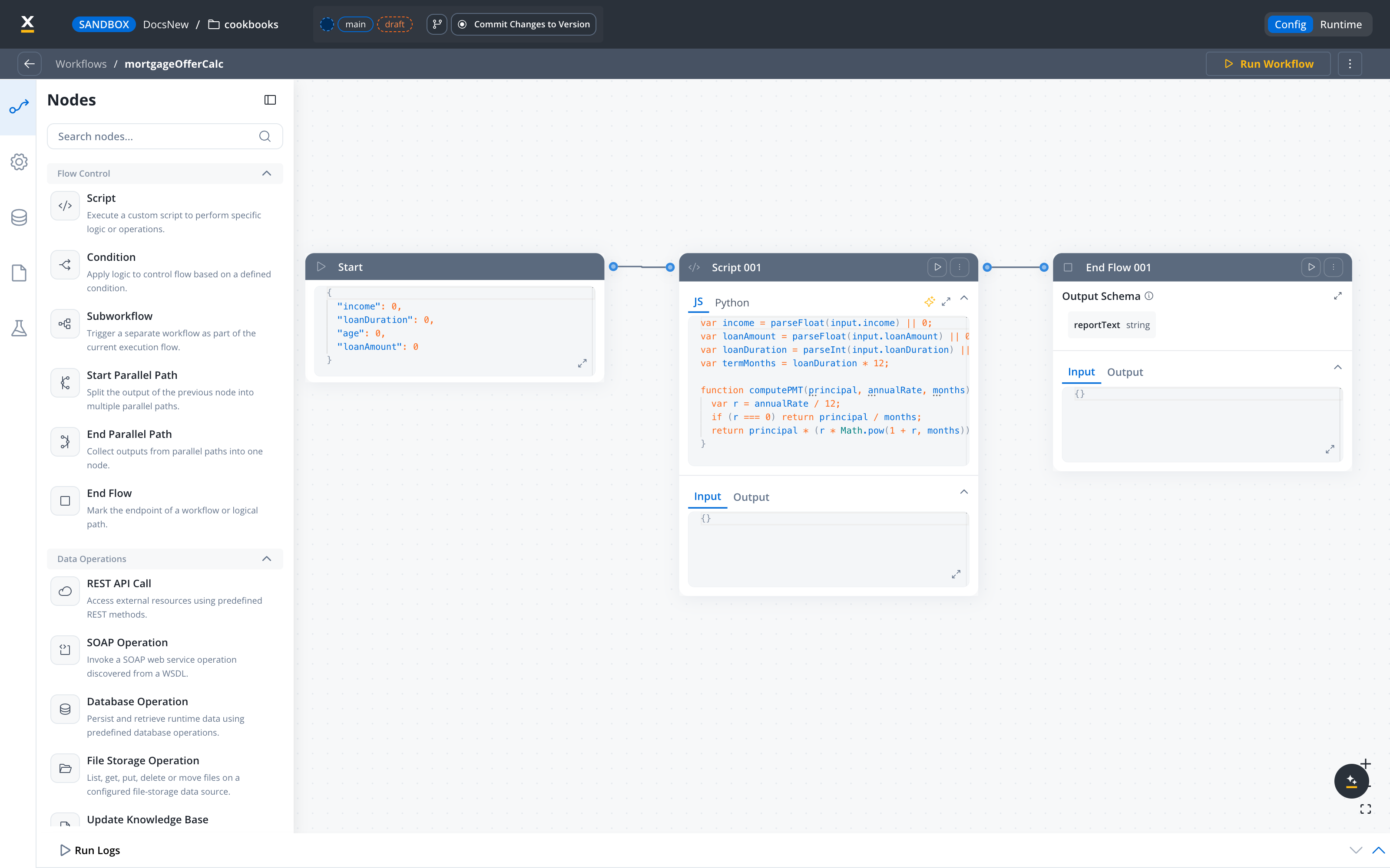 mortgageOfferCalc workflow: Start, calc-and-rank Script, End Flow returning reportText