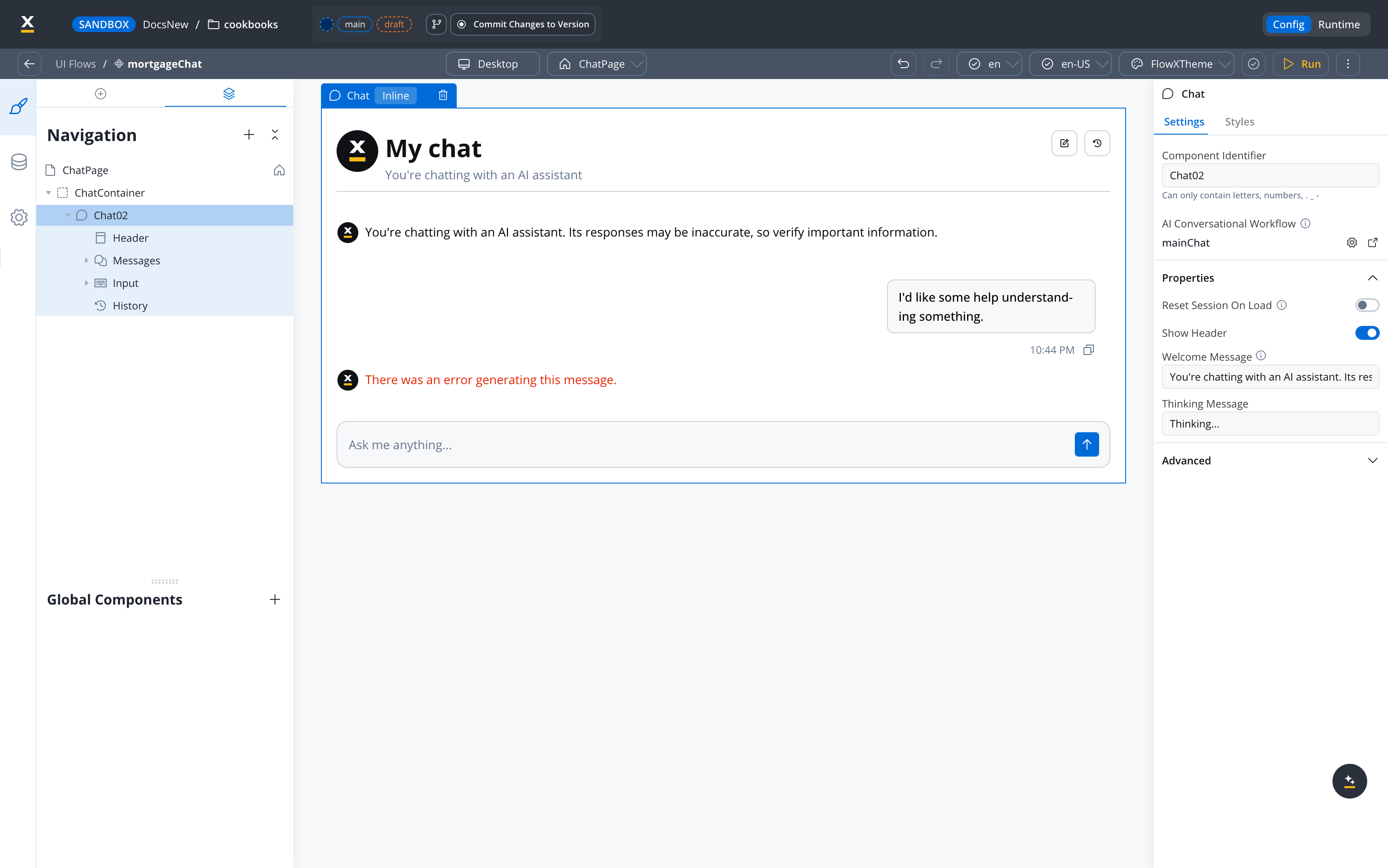Chat-Driven UI Flow with the Chat component bound to the mainChat conversational workflow