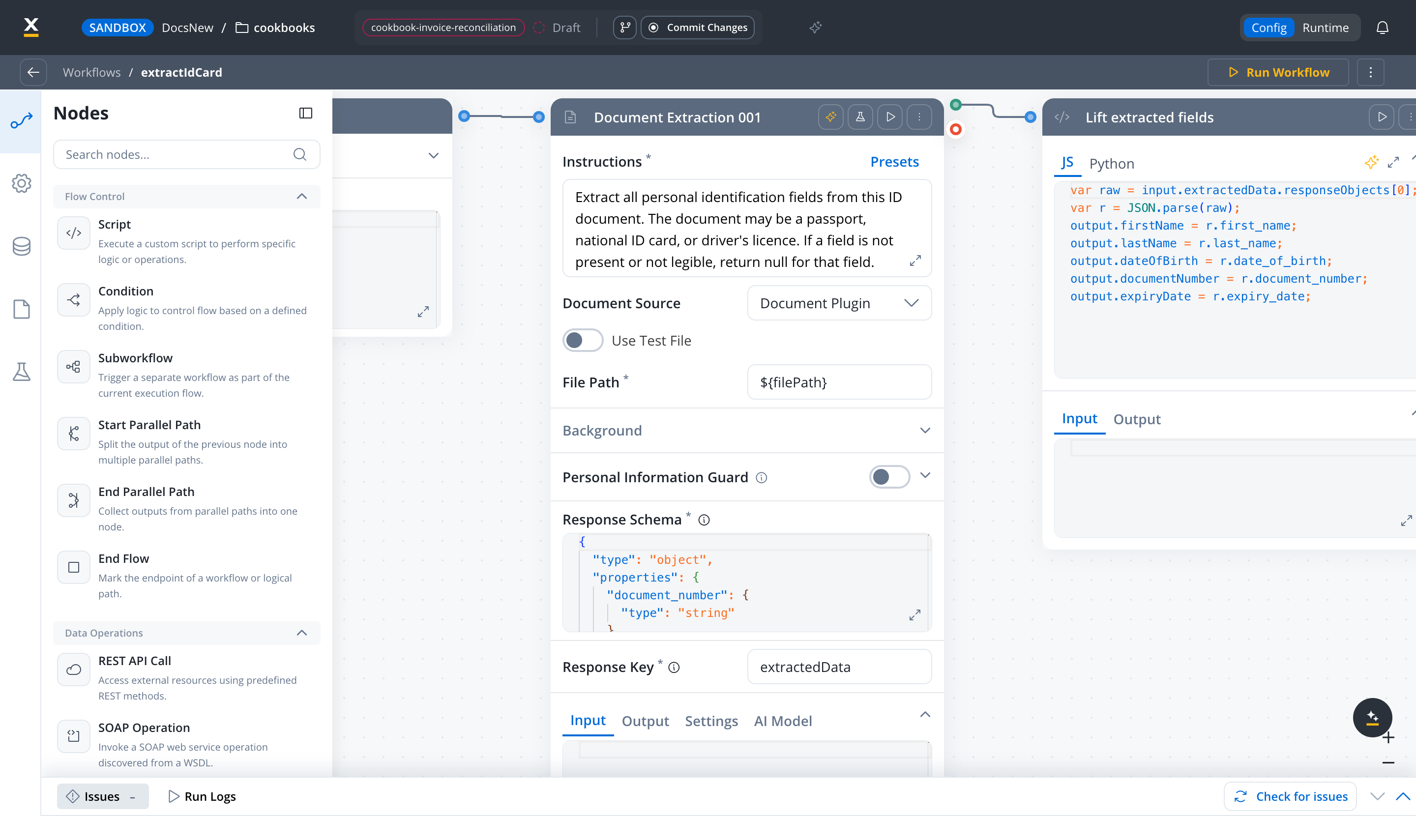 Document Extraction node configuration with Instructions, Document Source, Response Schema, and Response Key