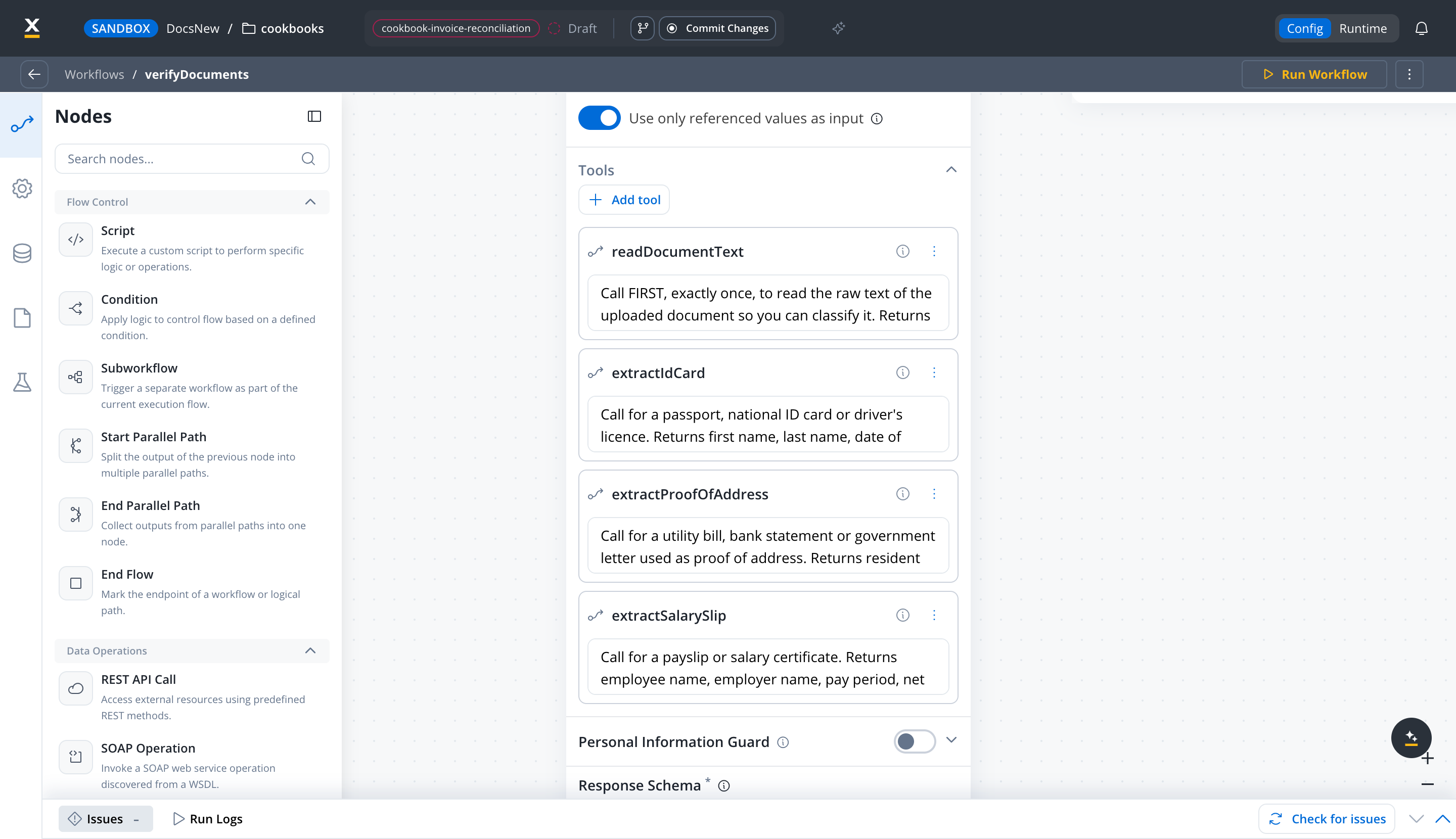 Custom Agent node Tools section listing the readDocumentText, extractIdCard, extractProofOfAddress, and extractSalarySlip workflow tools, each with its when-to-use hint