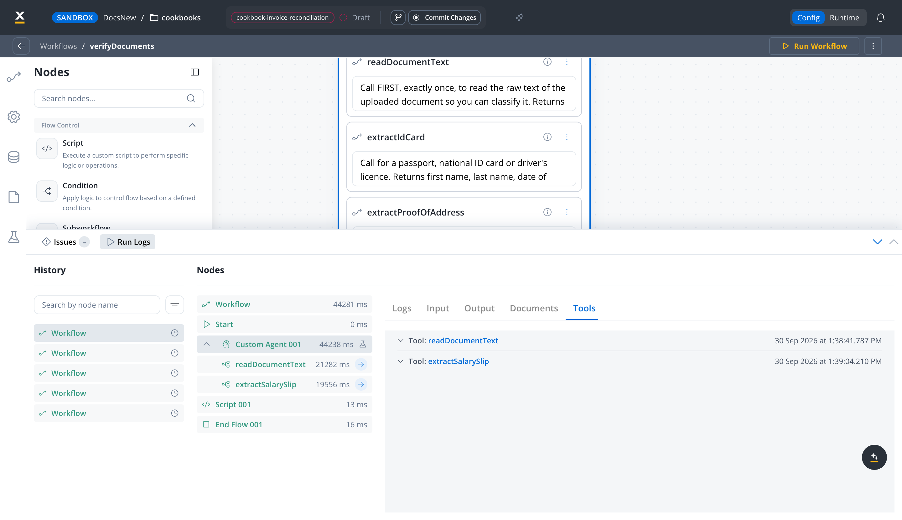 Run Logs for verifyDocuments showing the Custom Agent node with two child tool calls, readDocumentText then extractSalarySlip, and the Tools tab listing both calls