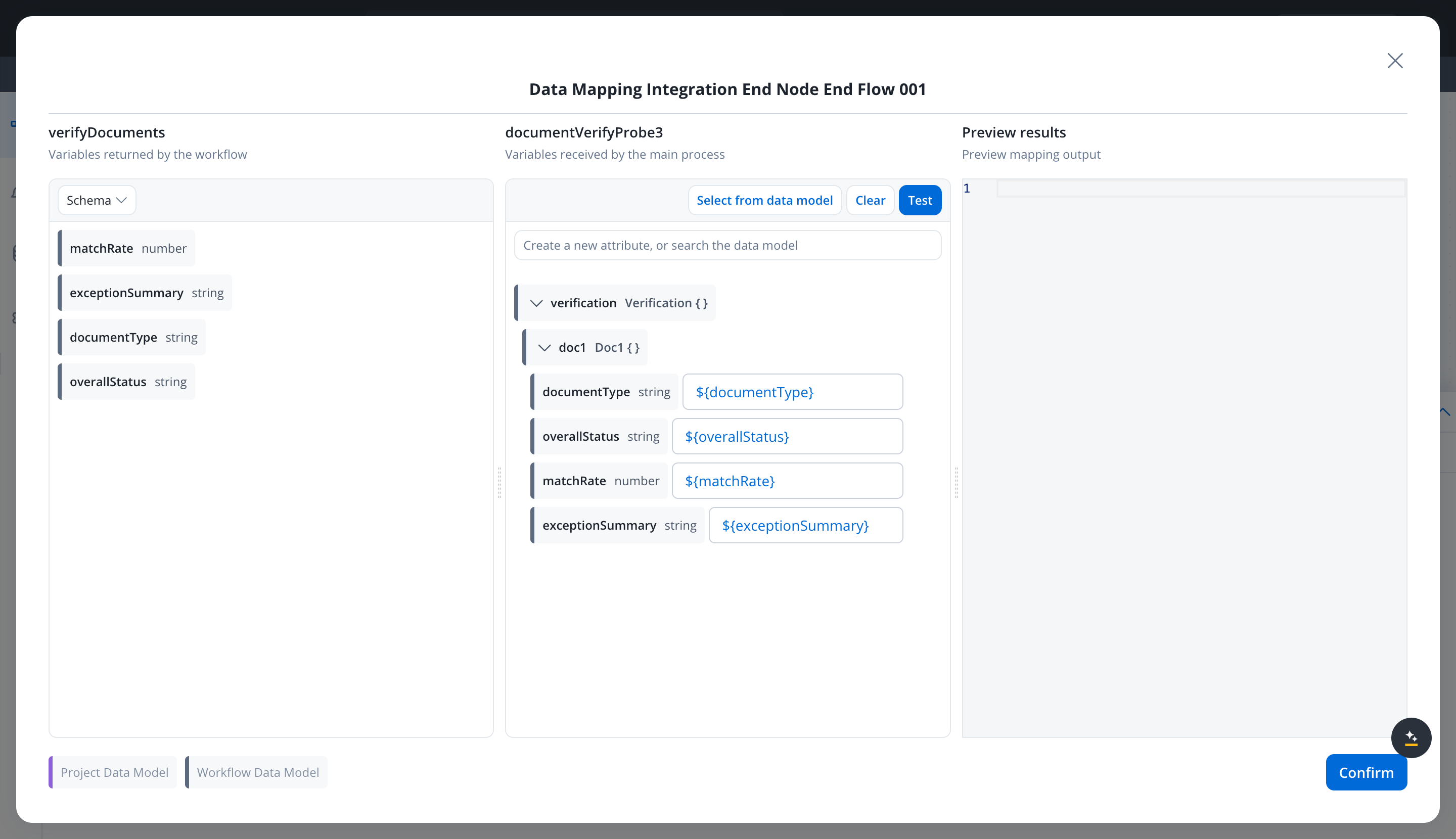 Output mapping modal for the verifyDocuments End node, mapping documentType, overallStatus, matchRate, and exceptionSummary to the same fields under verification.doc1