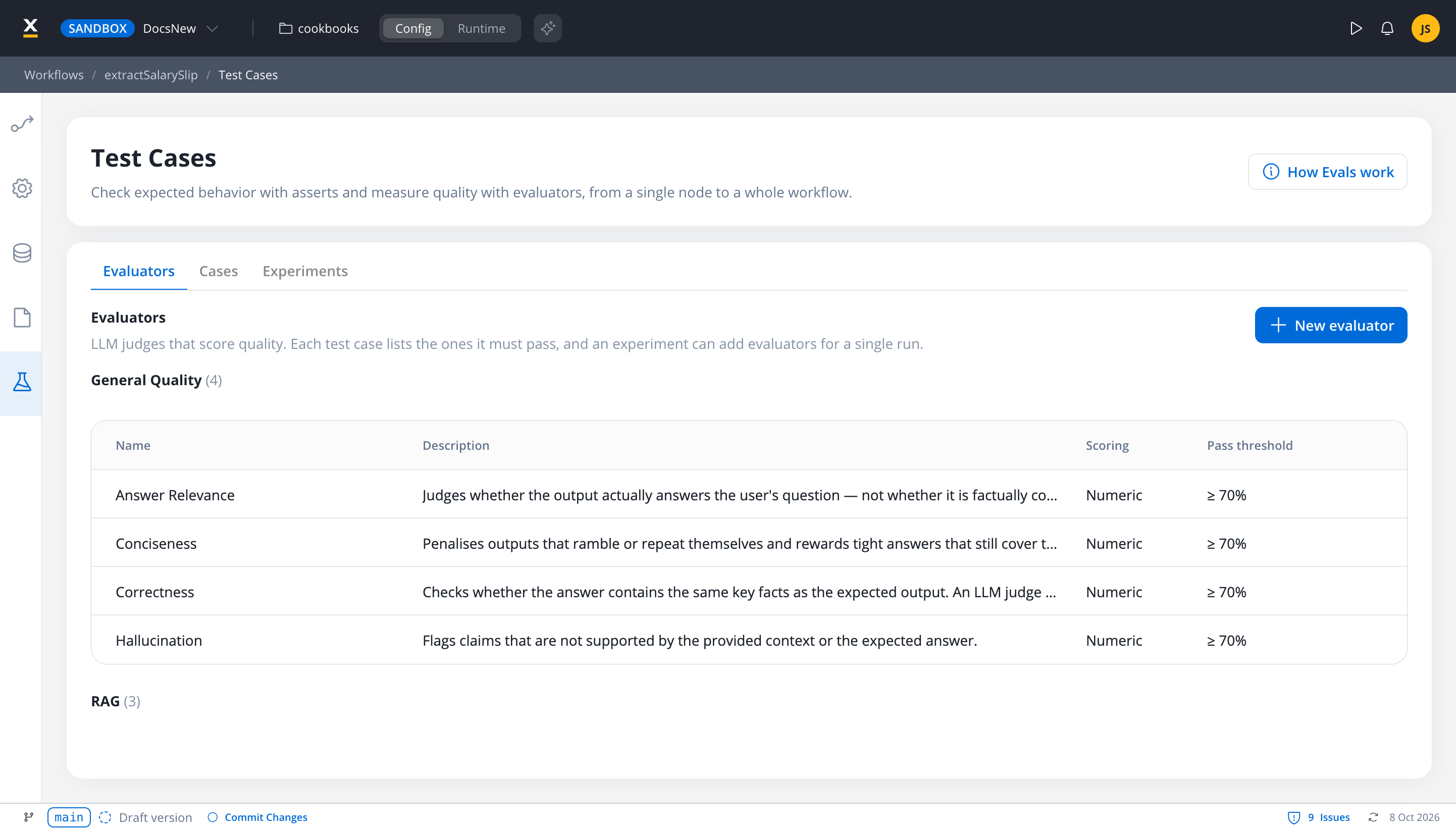 The Test Cases page of a workflow with the Evaluators tab open, listing the General Quality evaluators Answer Relevance, Conciseness, Correctness, and Hallucination, each with Numeric scoring and a 70% pass threshold