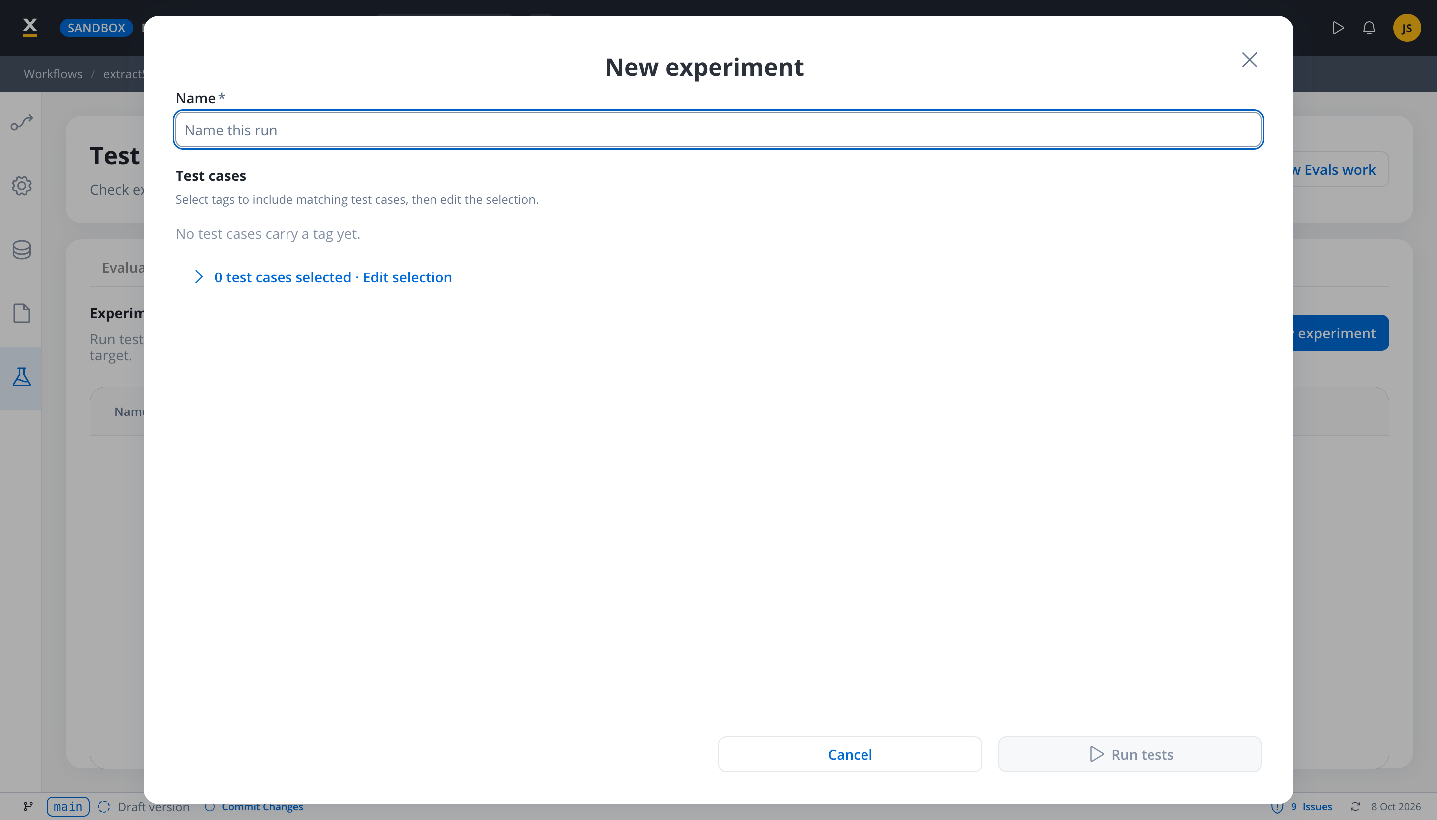The New experiment dialog with a Name field, a Test cases section to select tags and edit the selection, and a Run tests button