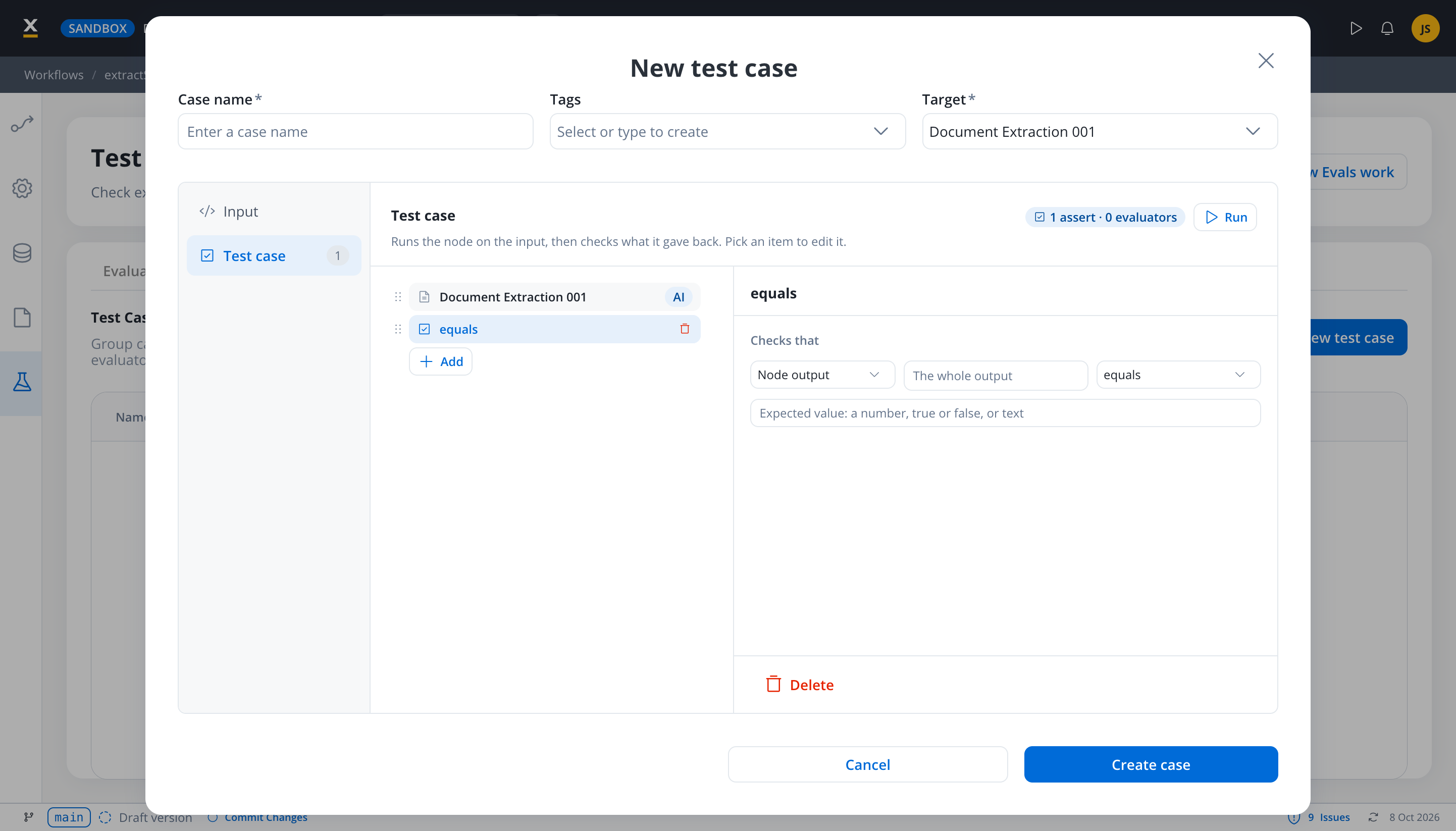 The New test case dialog with Case name, Tags, and a Target set to an AI node, showing one equals assert that checks the whole node output against an expected value