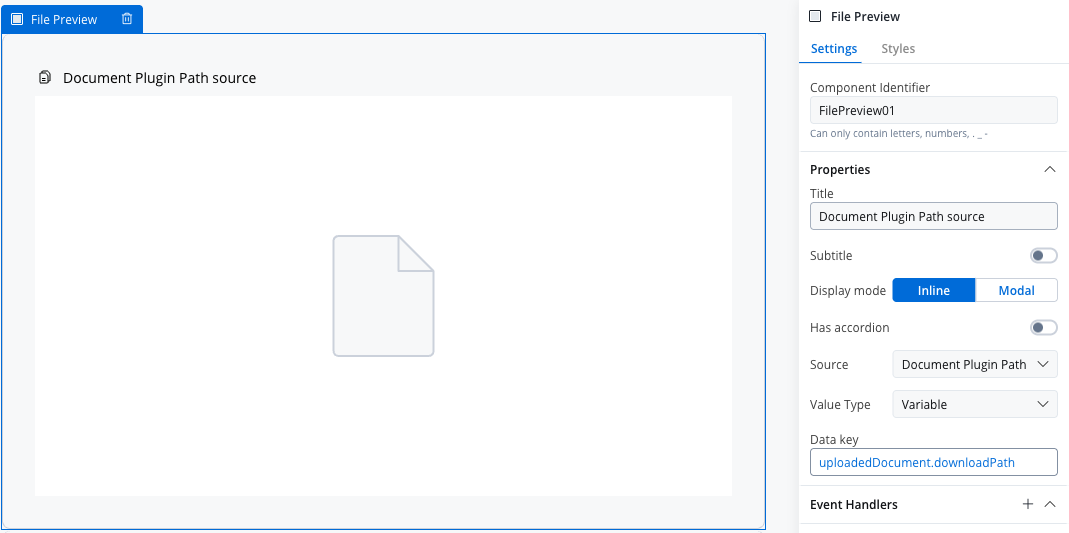 File Preview settings with Source set to Document Plugin Path, Value Type set to Variable, and Data key set to uploadedDocument.downloadPath