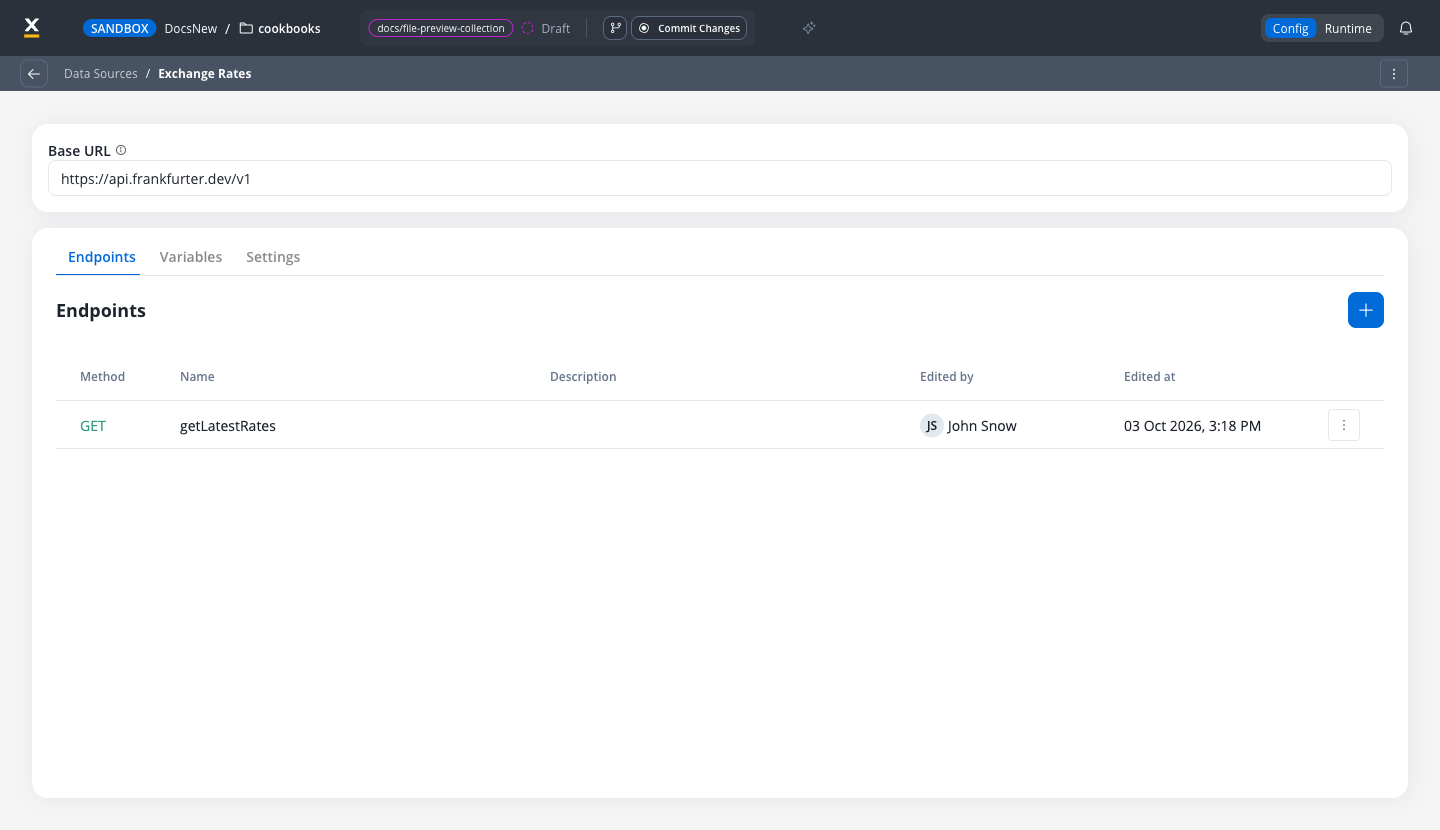 Exchange Rates system page with the Base URL card set to the Frankfurter API and the Endpoints tab listing the GET getLatestRates endpoint