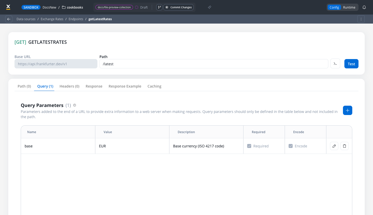 Endpoint page for GET getLatestRates with the read-only Base URL, the Path set to /latest, and the Query tab showing one parameter named base with the value EUR
