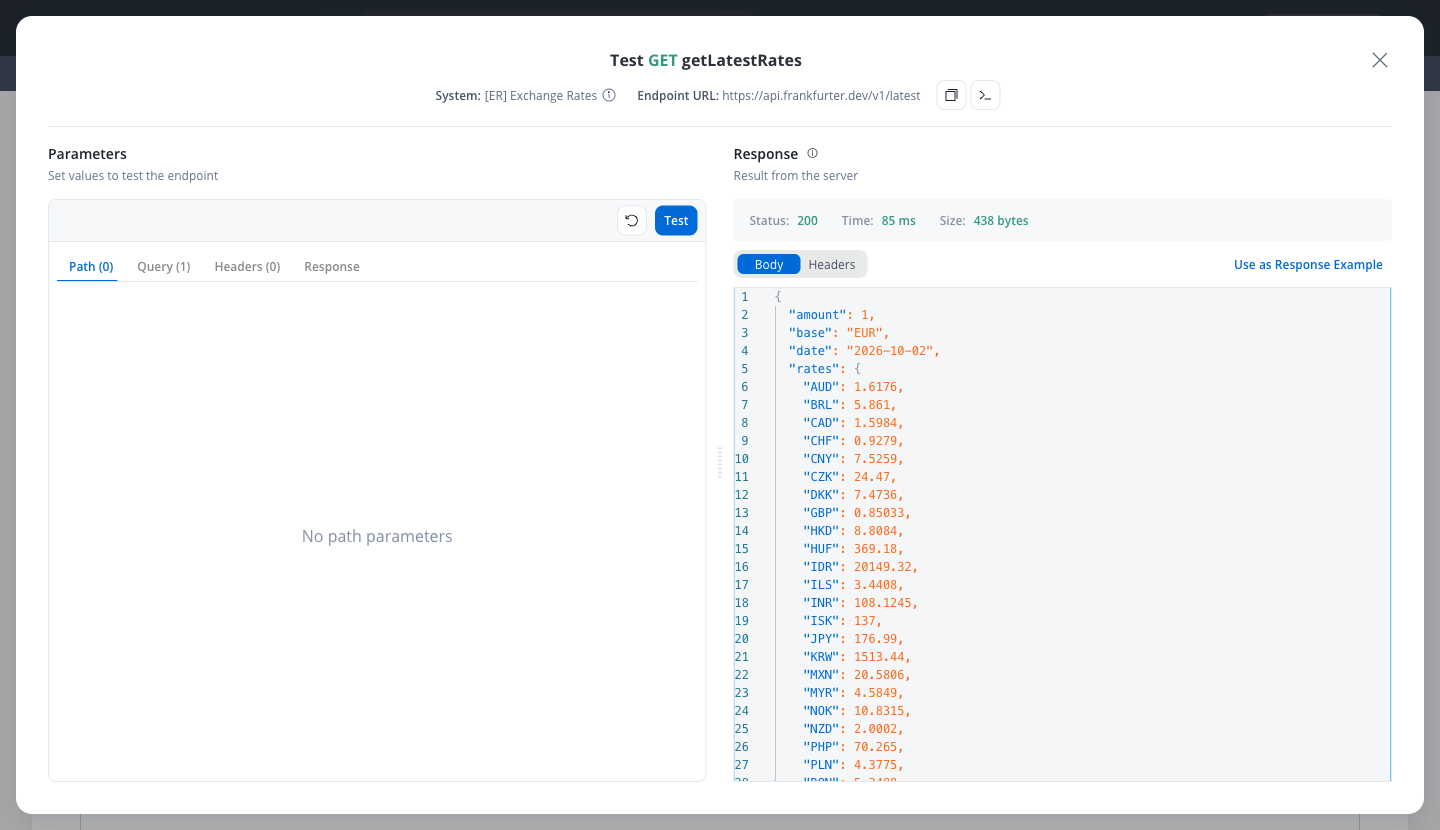 Test GET getLatestRates modal with the Exchange Rates system, the endpoint URL, the base query parameter, and a response pane showing status 200 and a JSON body with base, date, and rates