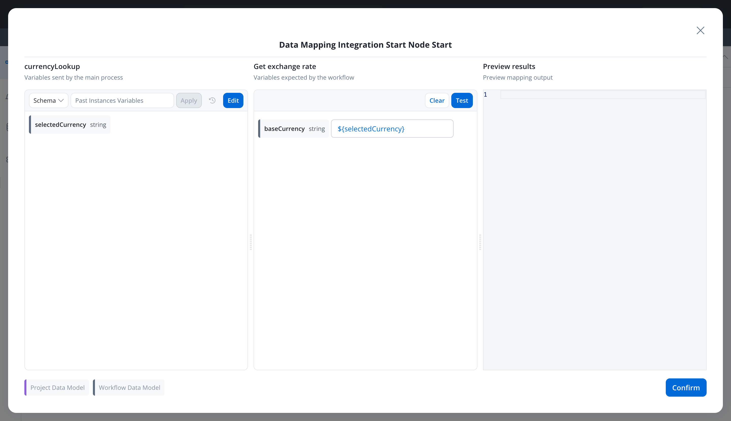 Data mapping modal for the workflow Start node: selectedCurrency listed under Variables sent by the main process on the left, and baseCurrency mapped to the selectedCurrency variable under Variables expected by the workflow on the right
