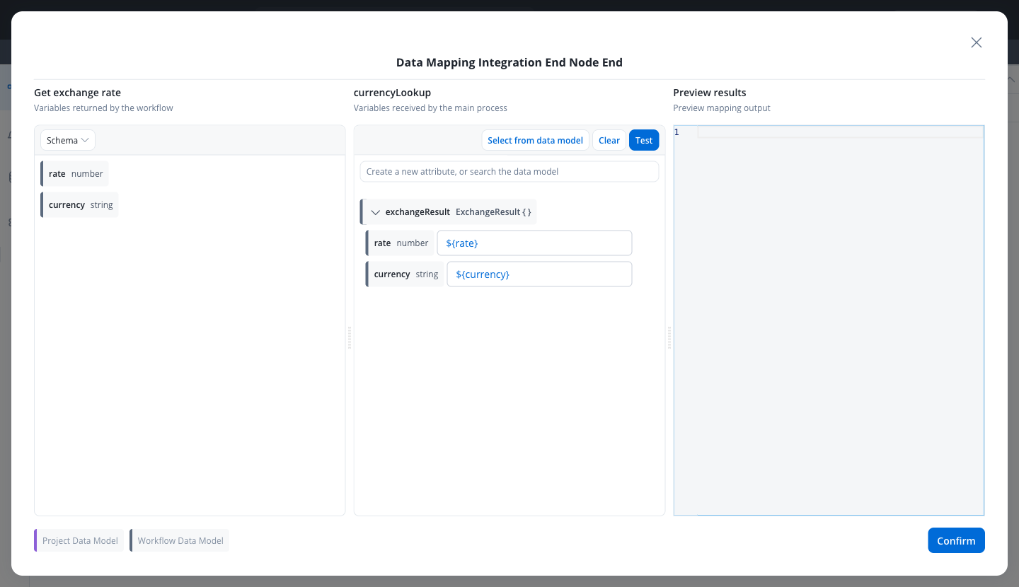 Data mapping modal for the workflow End node: rate and currency listed under Variables returned by the workflow on the left, and the exchangeResult object on the right with its rate and currency attributes mapped to the rate and currency variables