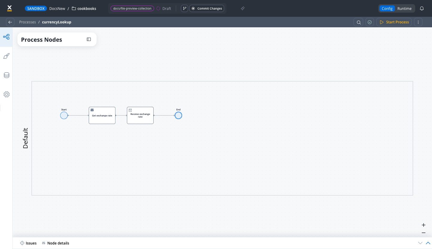 The currencyLookup process on the canvas: Start, a Get exchange rate Send Message Task, a Receive exchange rate Receive Message Task, and End in one swimlane