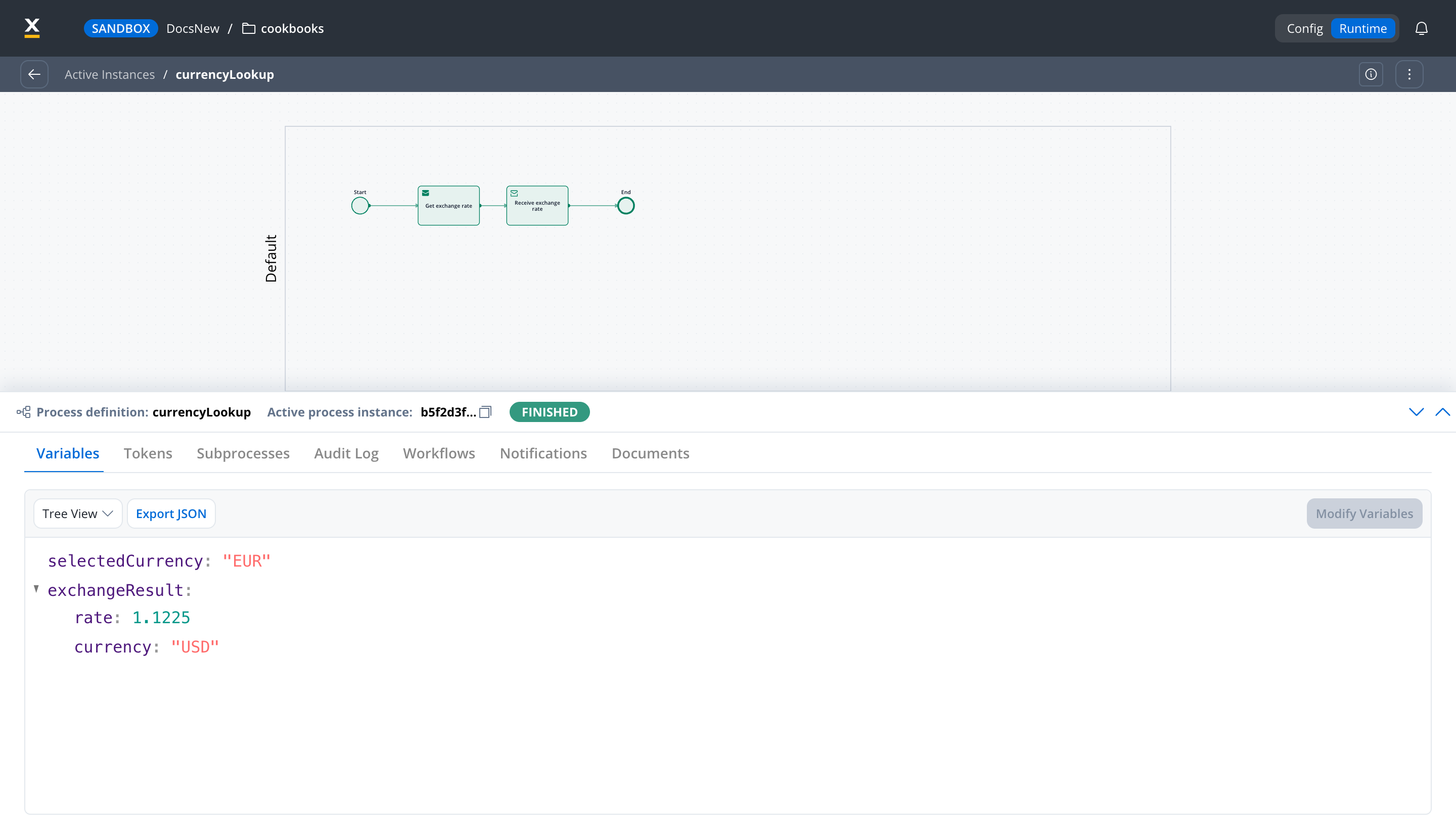 A finished currencyLookup process instance with its diagram, a FINISHED status badge, and the Variables tab showing selectedCurrency EUR and an exchangeResult object with rate 1.1225 and currency USD
