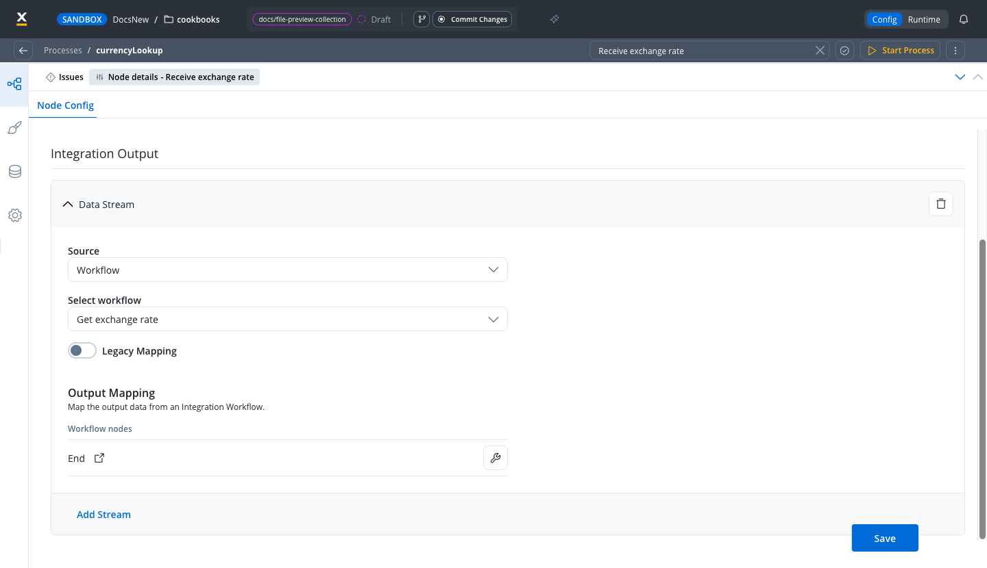 Receive exchange rate node configuration with a Data Stream whose Source is Workflow and workflow is Get exchange rate, Legacy Mapping off, and the Output Mapping section listing the End workflow node with its wrench button