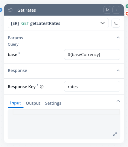 Get rates node card with the GET getLatestRates endpoint selected and the base query parameter set to the baseCurrency workflow variable