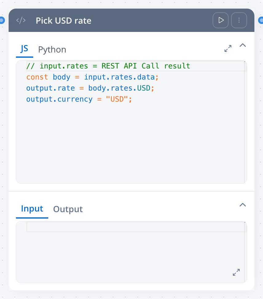 Pick USD rate Script node card with the JS tab selected and the four-line script that reads input.rates.data and sets output.rate and output.currency