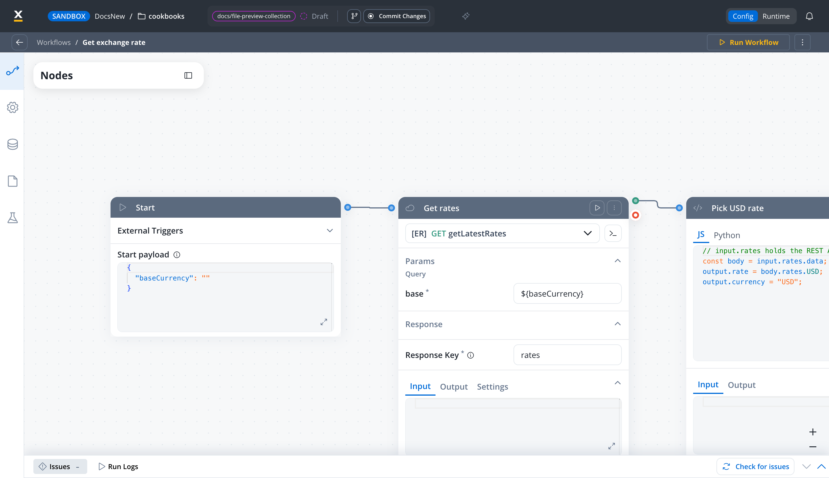 The finished Get exchange rate workflow on the canvas: a Start node, a Get rates REST API Call node, a Pick USD rate Script node, and an End node with rate and currency in its Output Schema