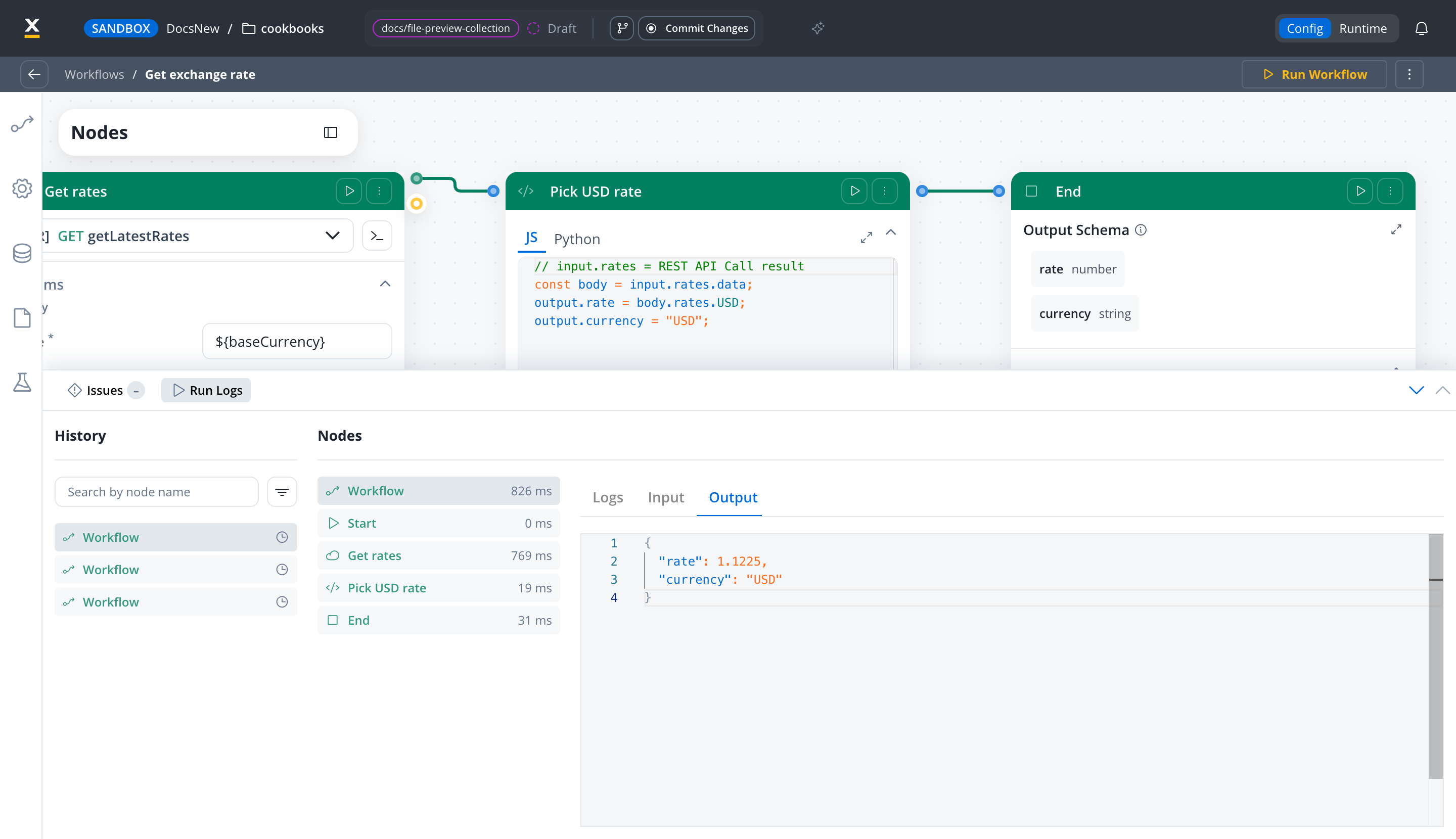 Run Logs panel after a successful run, listing the Workflow, Start, Get rates, Pick USD rate, and End nodes with their timings, and the Output tab showing rate 1.1225 and currency USD