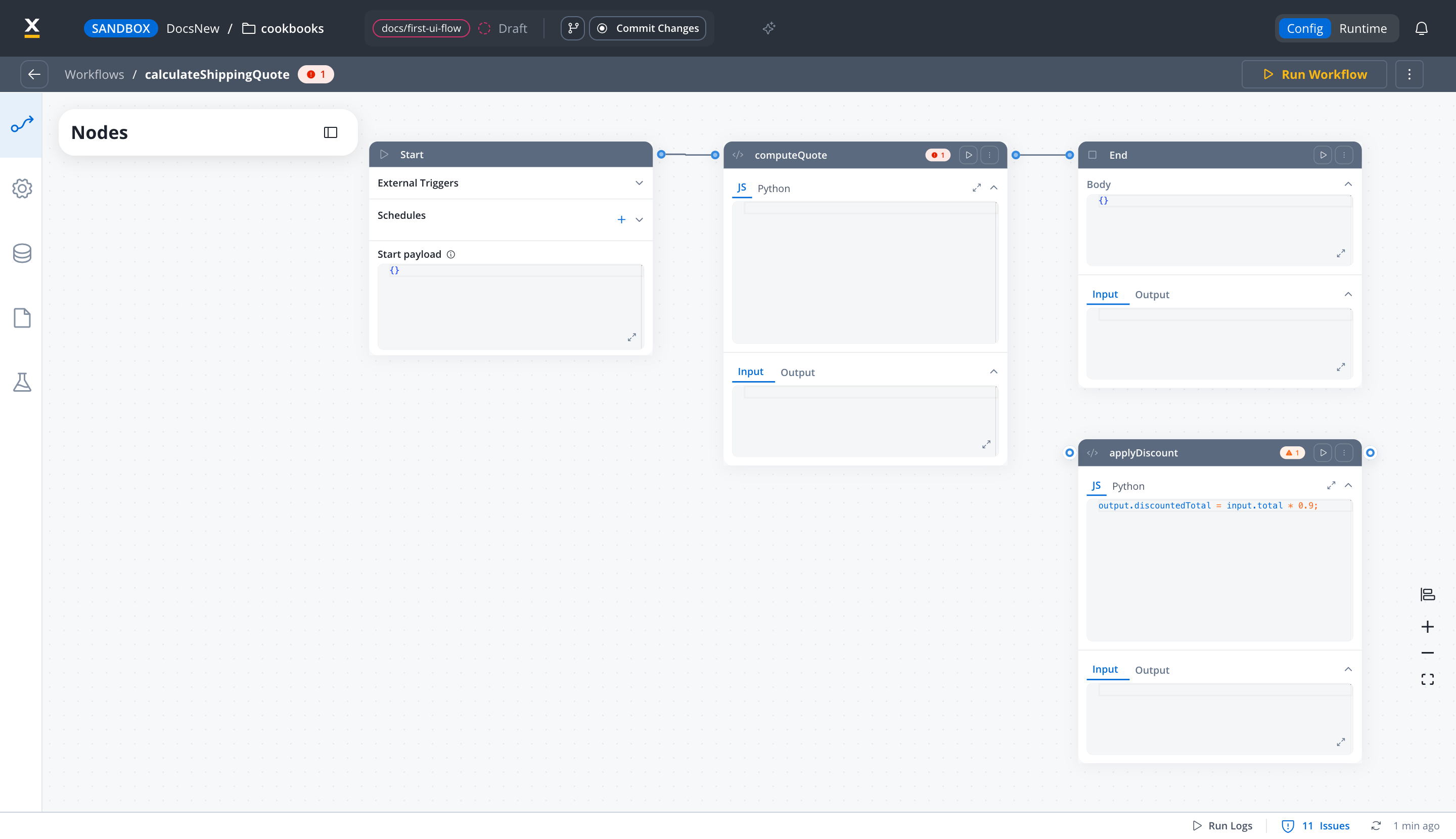 Workflow canvas with an error marker on the computeQuote node header and on the page title, and a warning marker on applyDiscount, a node not connected to the flow. The bottom bar shows Run Logs, the 11 Issues count and the time of the last check.