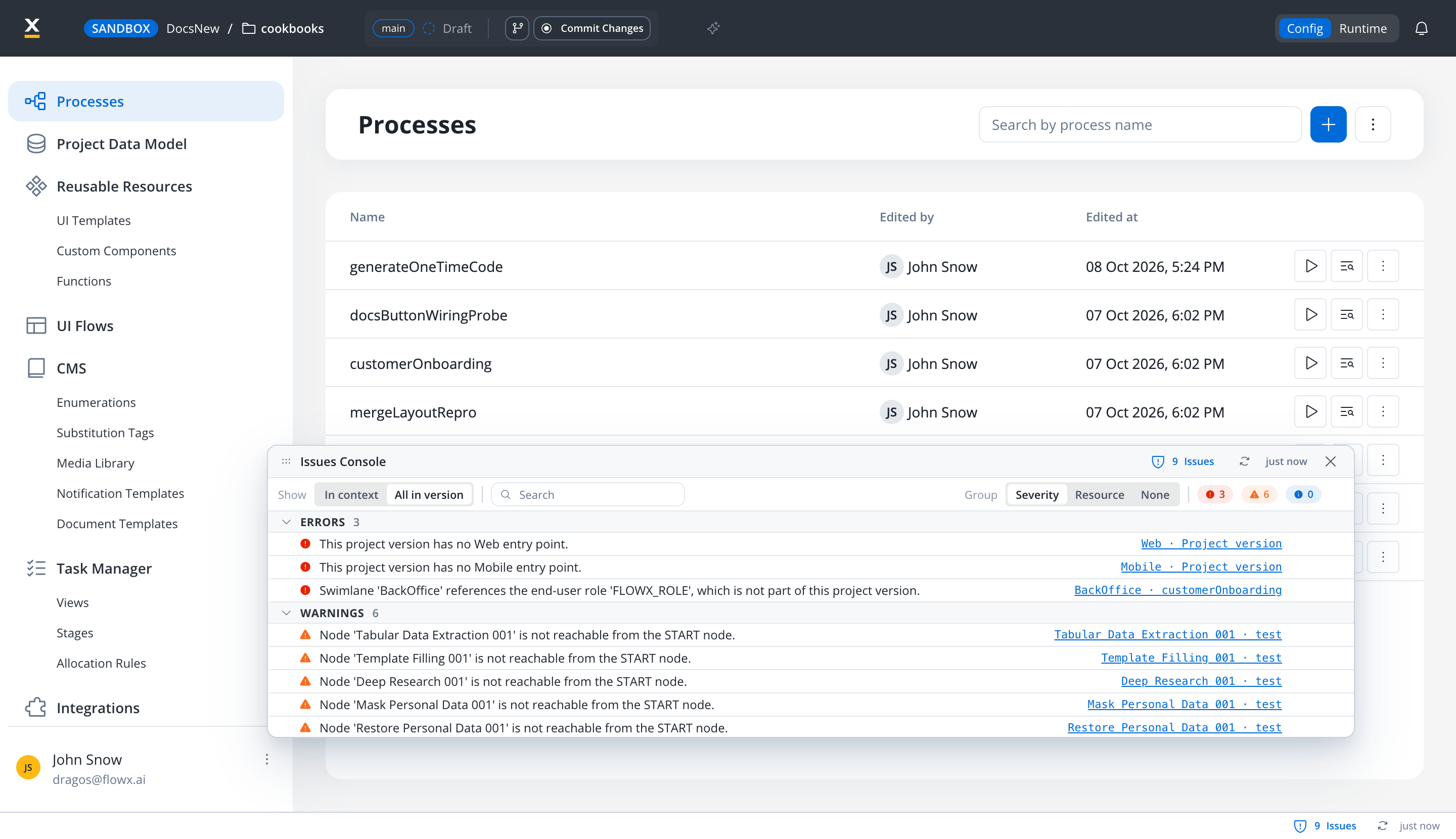 The Issues Console floating over the Processes list, set to All in version and grouped by Severity. Three errors report missing Web and Mobile entry points and a swimlane that references a role outside the project version; six warnings report workflow nodes that are not reachable from the START node. The filter row shows the Show, Search and Group controls and error, warning and info count chips, and the bottom bar shows 9 Issues, checked just now.