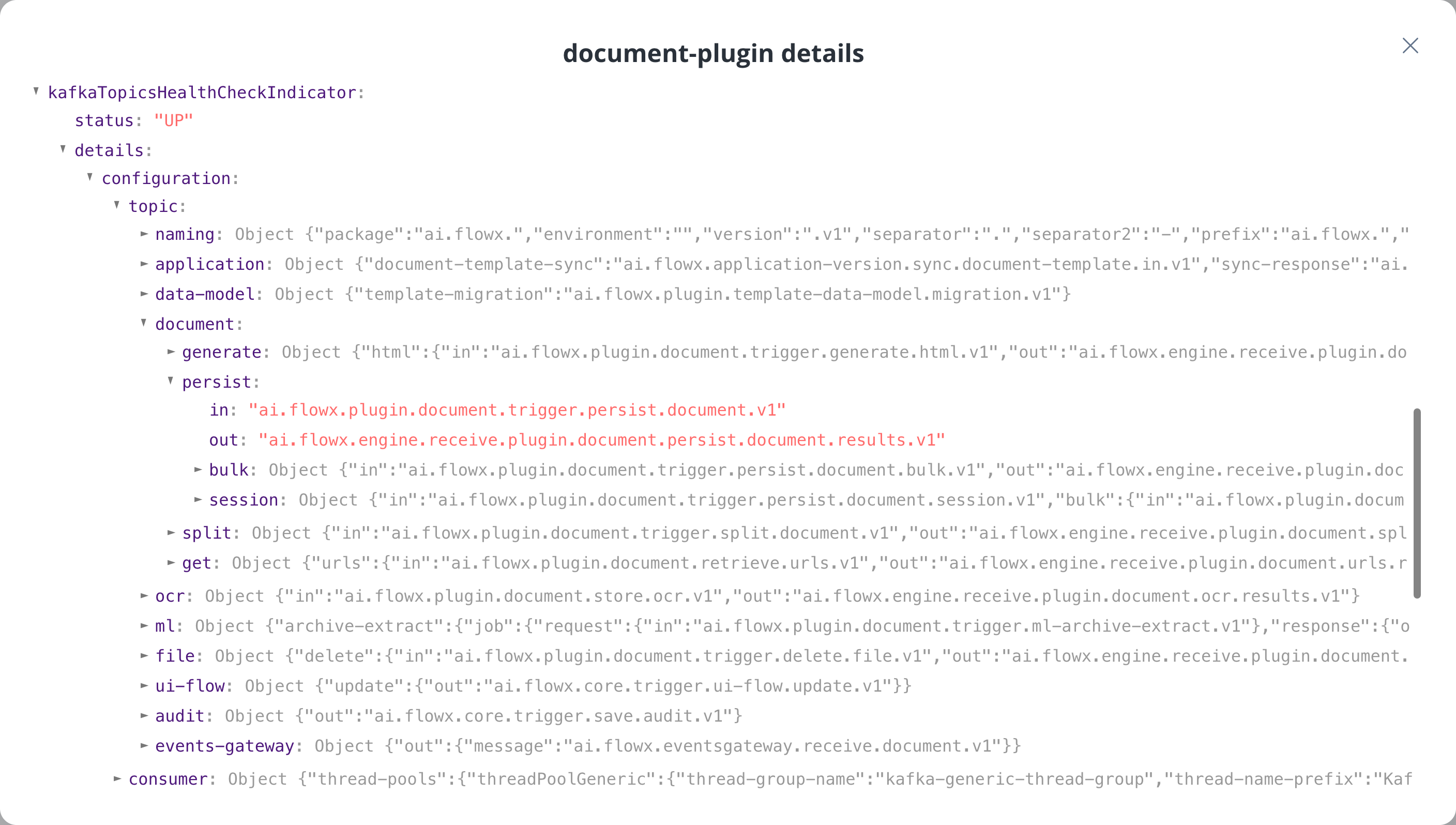 document-plugin details in Platform Status, with the Kafka topics health check expanded to the document persist topics