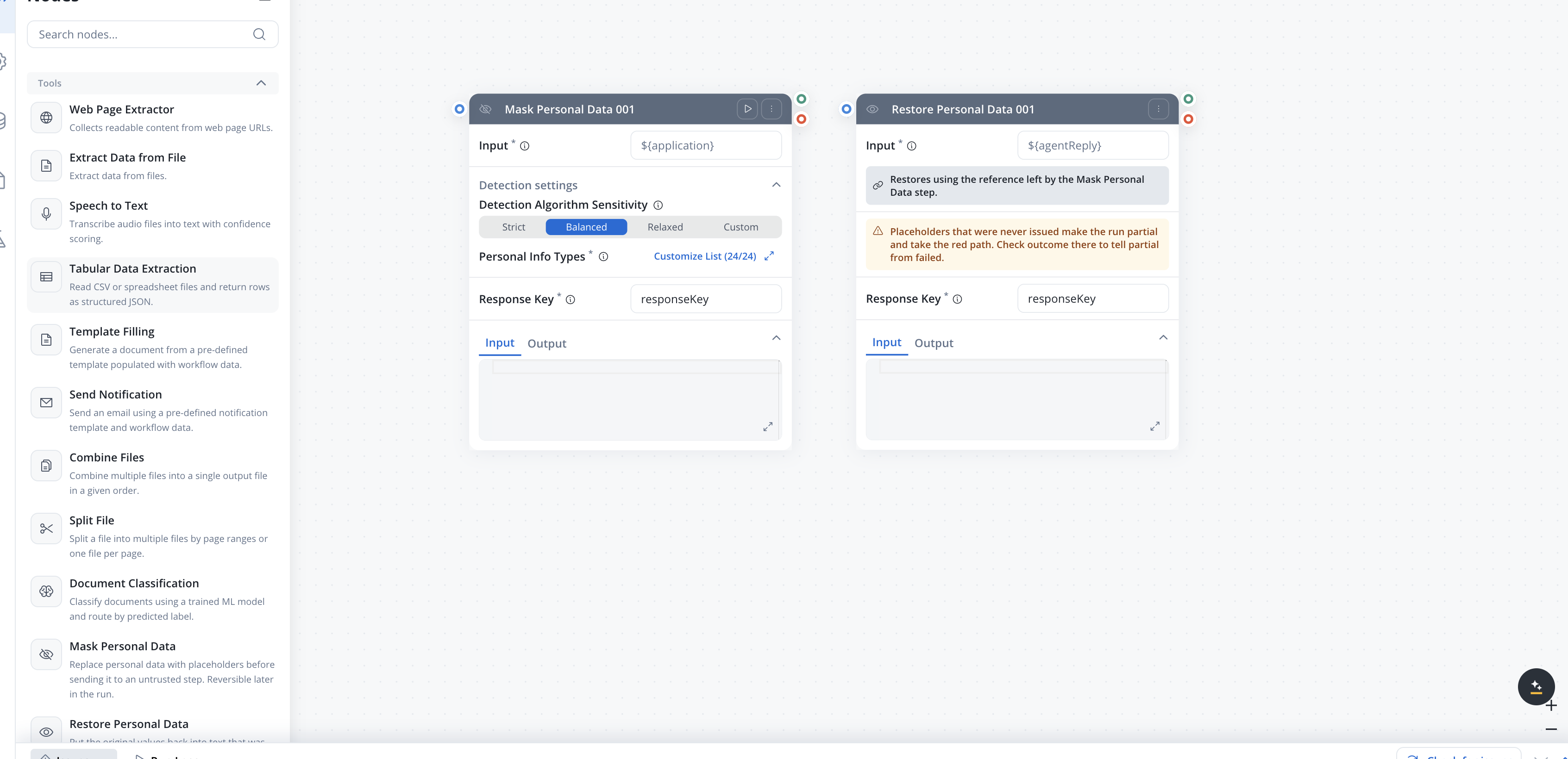 The Mask Personal Data and Restore Personal Data node panels side by side, with the Input field, detection settings on the Mask node, and the restore outcome banners on the Restore node